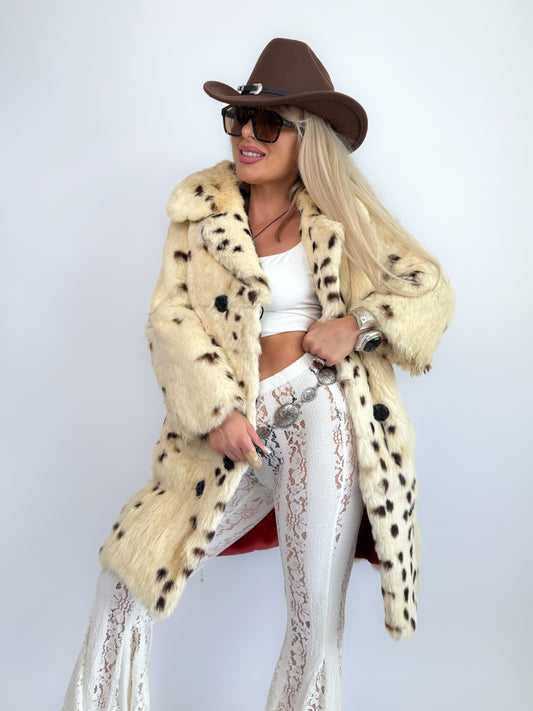 Vintage Natural Rabbit Fur Coat – Cream Brown Cow Print Mid-Length Winter Jacket Size XS-S