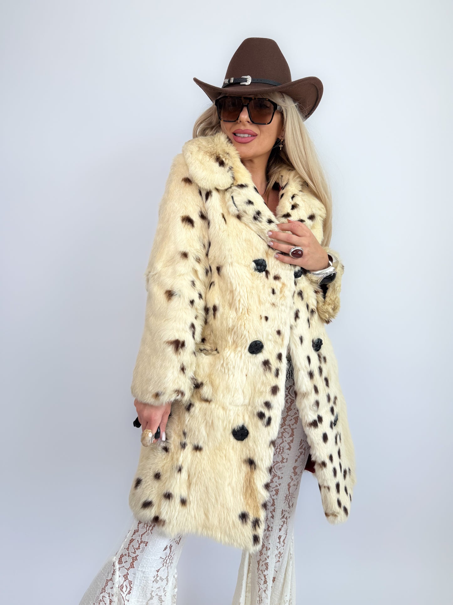 Vintage Natural Rabbit Fur Coat – Cream Brown Cow Print Mid-Length Winter Jacket Size XS-S