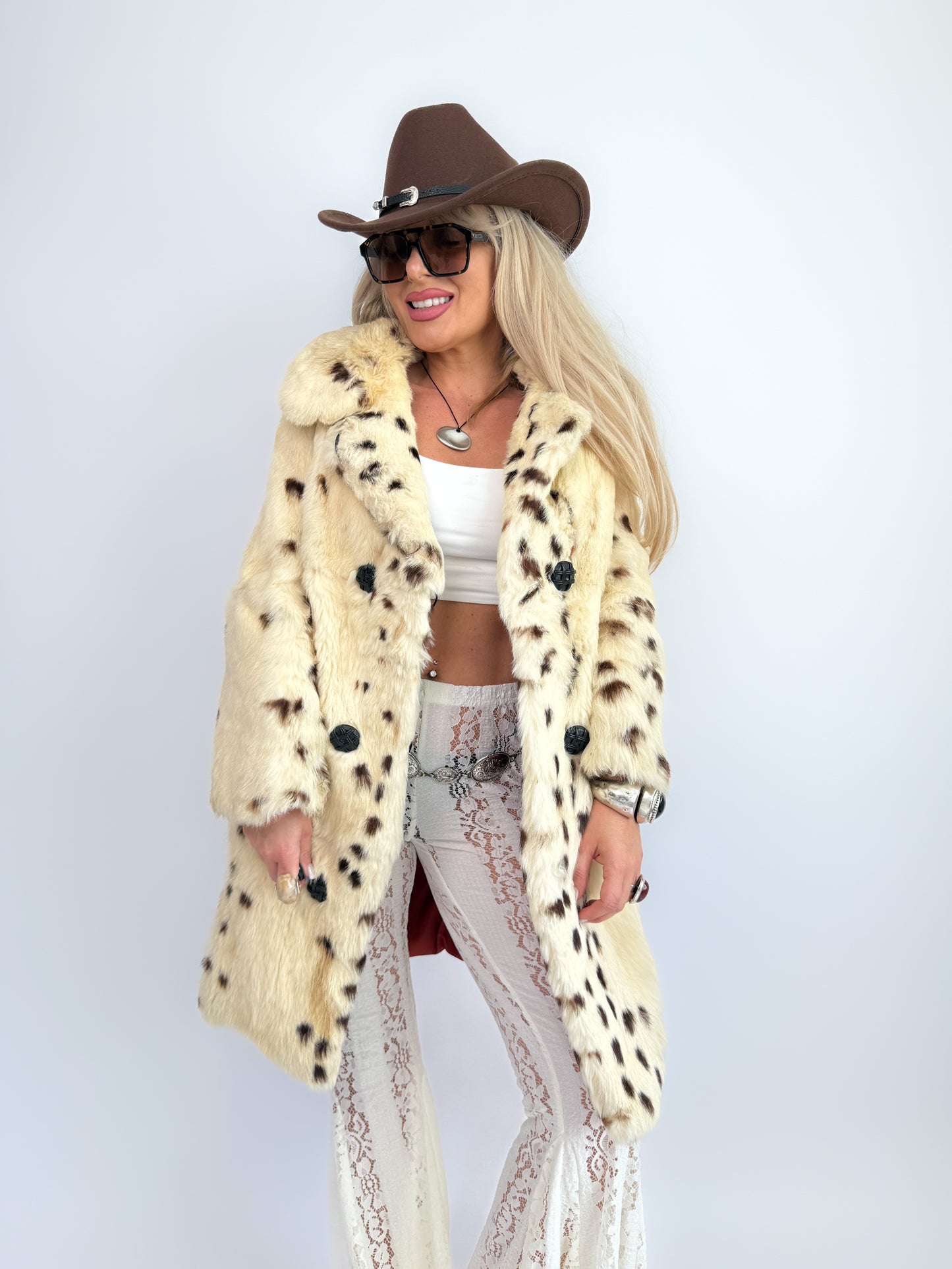 Vintage Natural Rabbit Fur Coat – Cream Brown Cow Print Mid-Length Winter Jacket Size XS-S