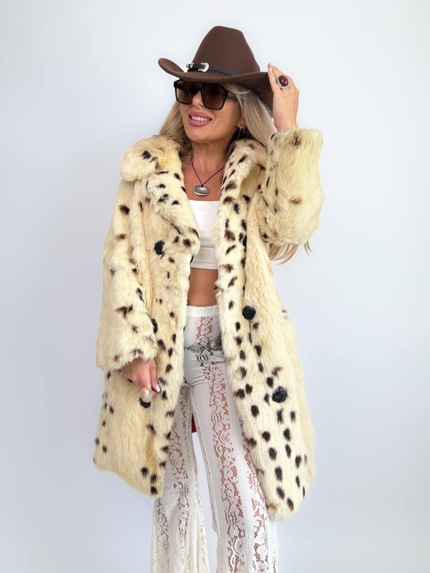 Vintage Natural Rabbit Fur Coat – Cream Brown Cow Print Mid-Length Winter Jacket Size XS-S