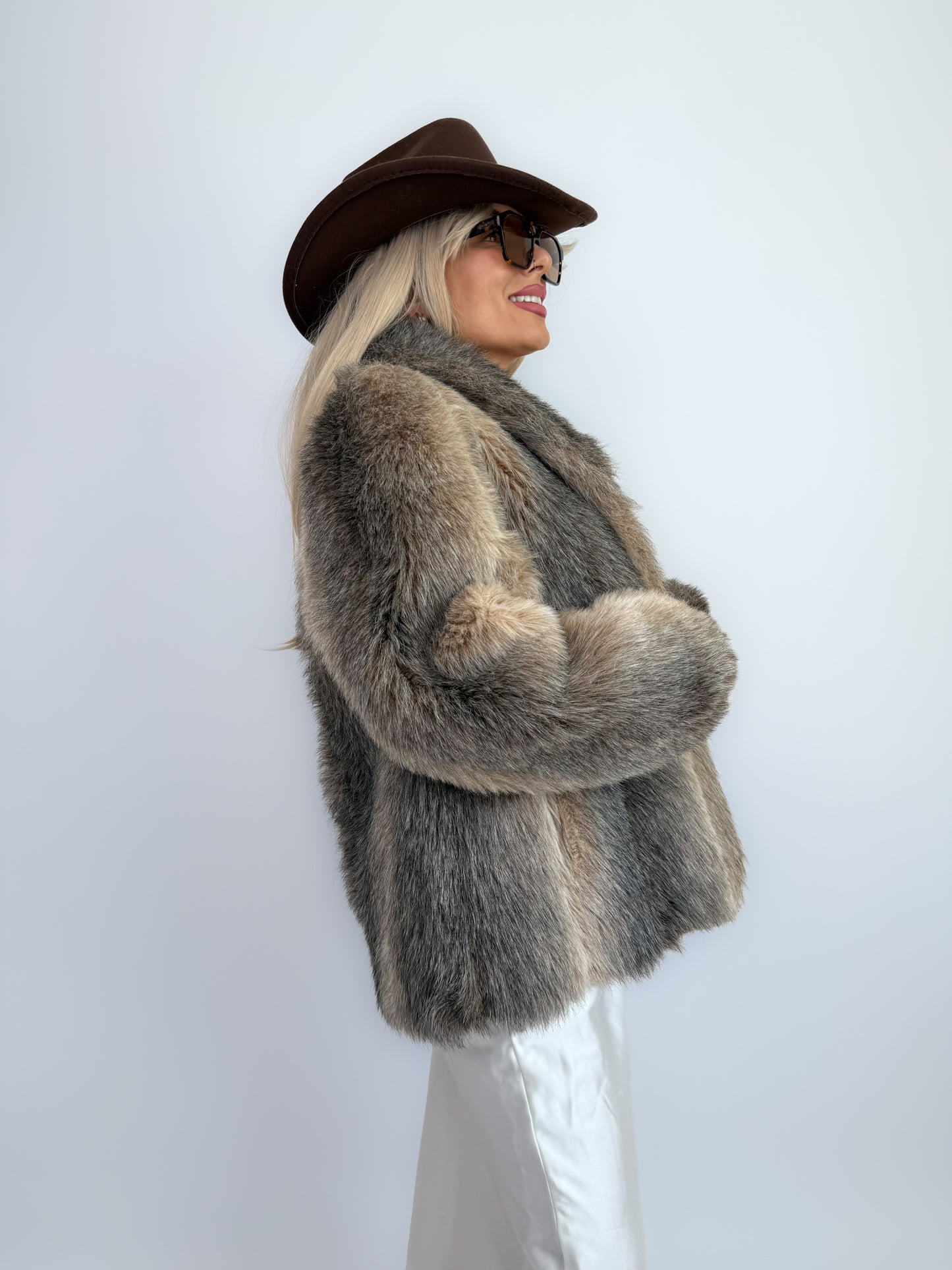 Vintage Taupe Faux Fur Coat Mob Wife Style Winter Jacket Size S