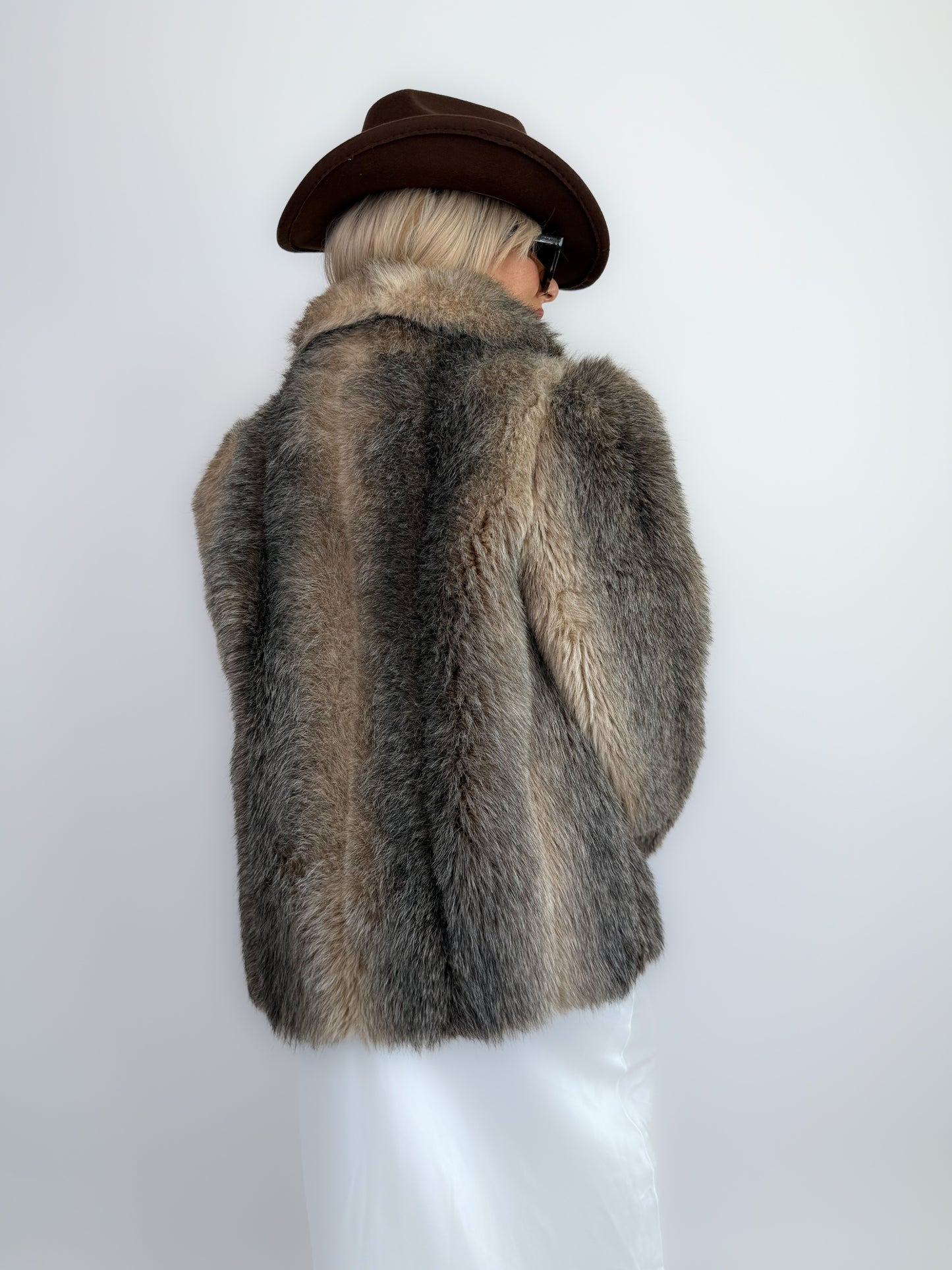 Vintage Taupe Faux Fur Coat Mob Wife Style Winter Jacket Size S
