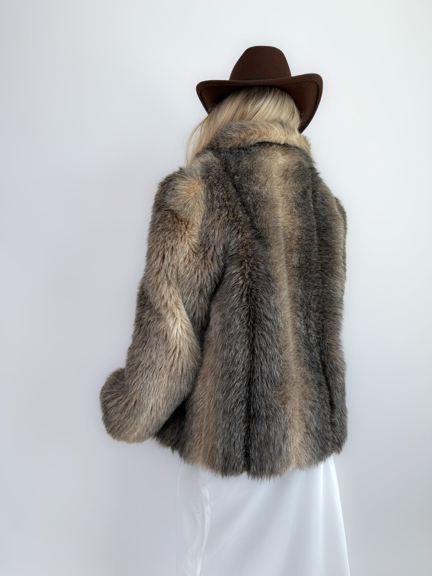 Vintage Taupe Faux Fur Coat Mob Wife Style Winter Jacket Size S
