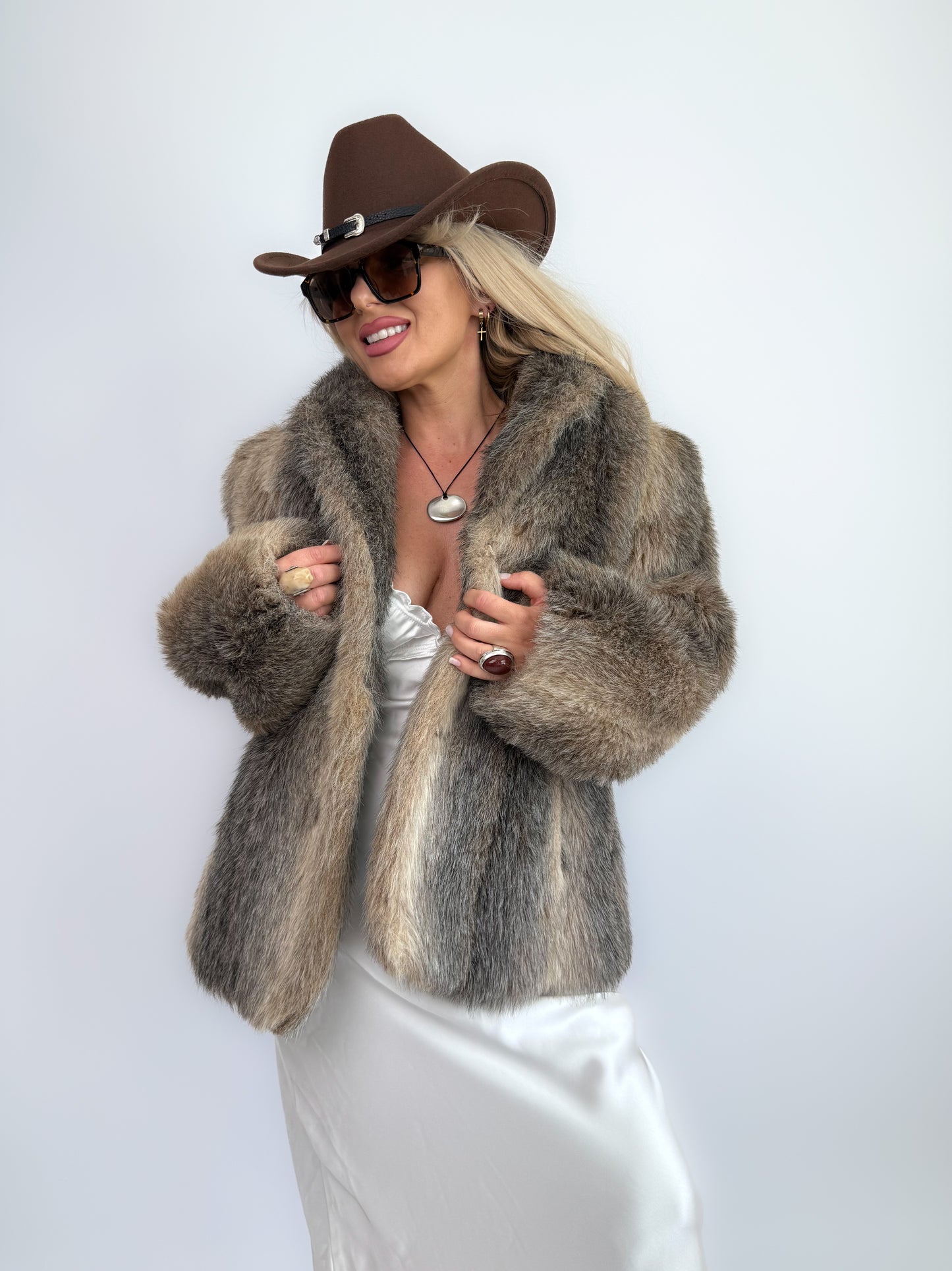 Vintage Taupe Faux Fur Coat Mob Wife Style Winter Jacket Size S