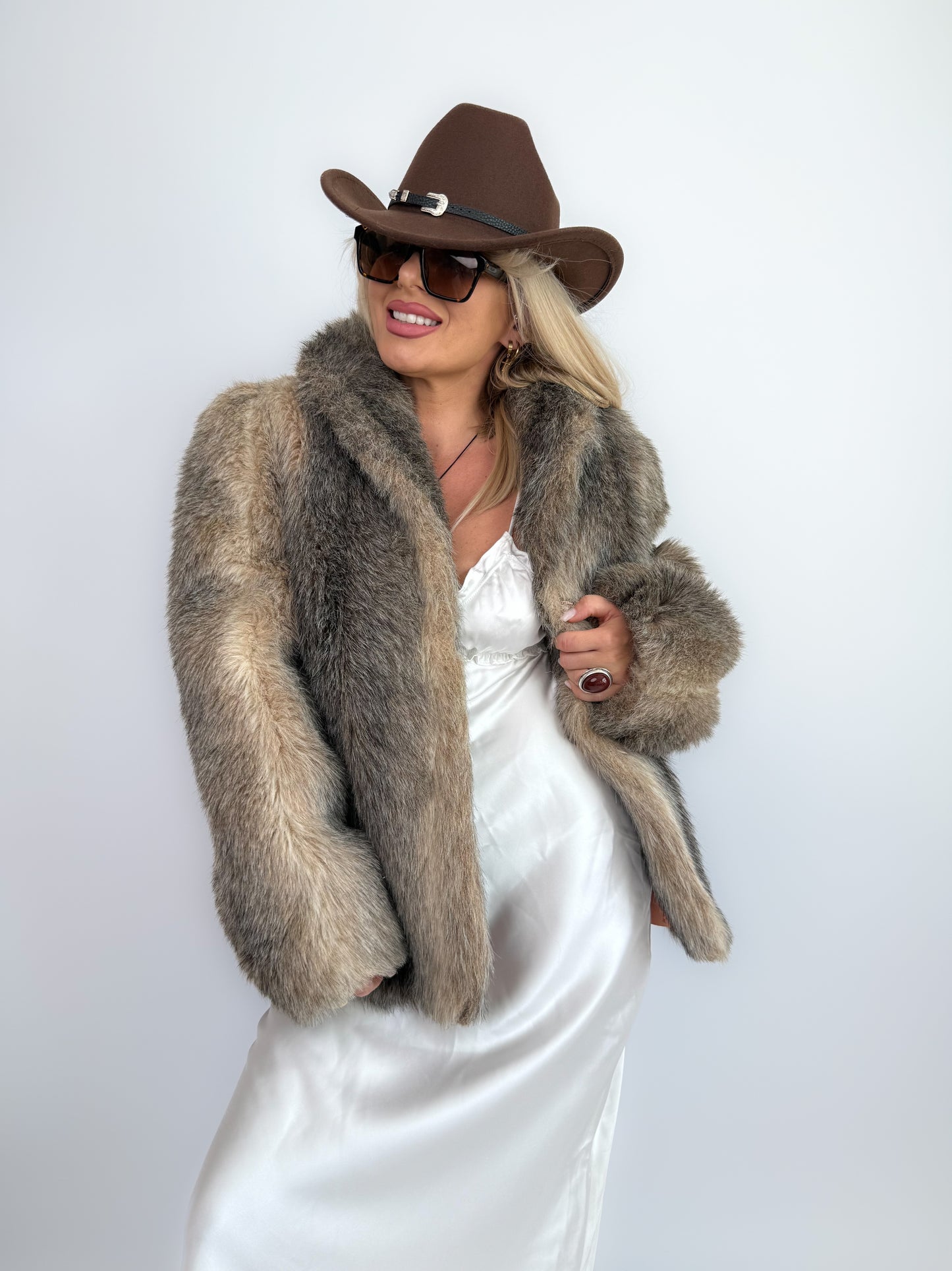 Vintage Taupe Faux Fur Coat Mob Wife Style Winter Jacket Size S