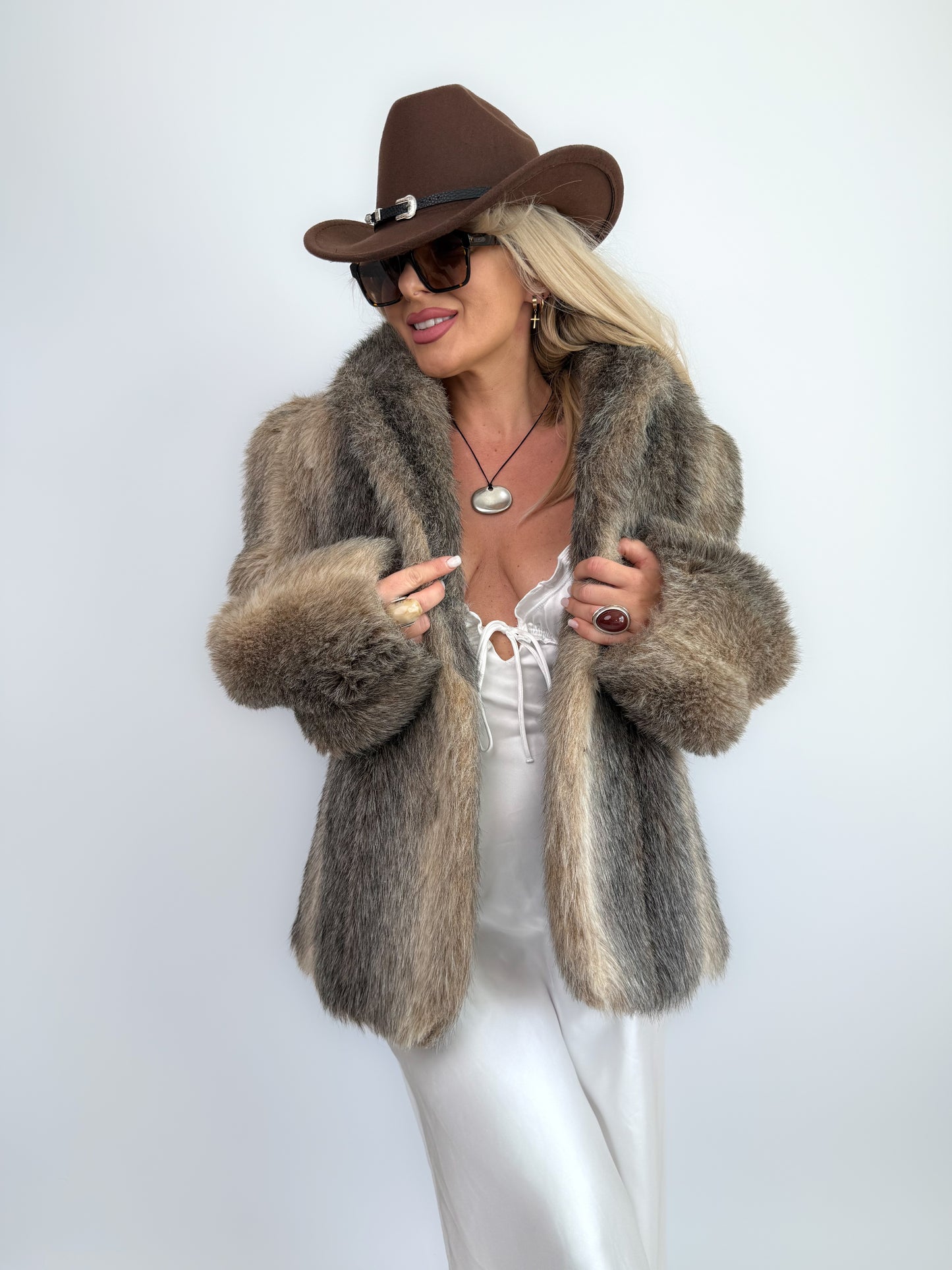 Vintage Taupe Faux Fur Coat Mob Wife Style Winter Jacket Size S
