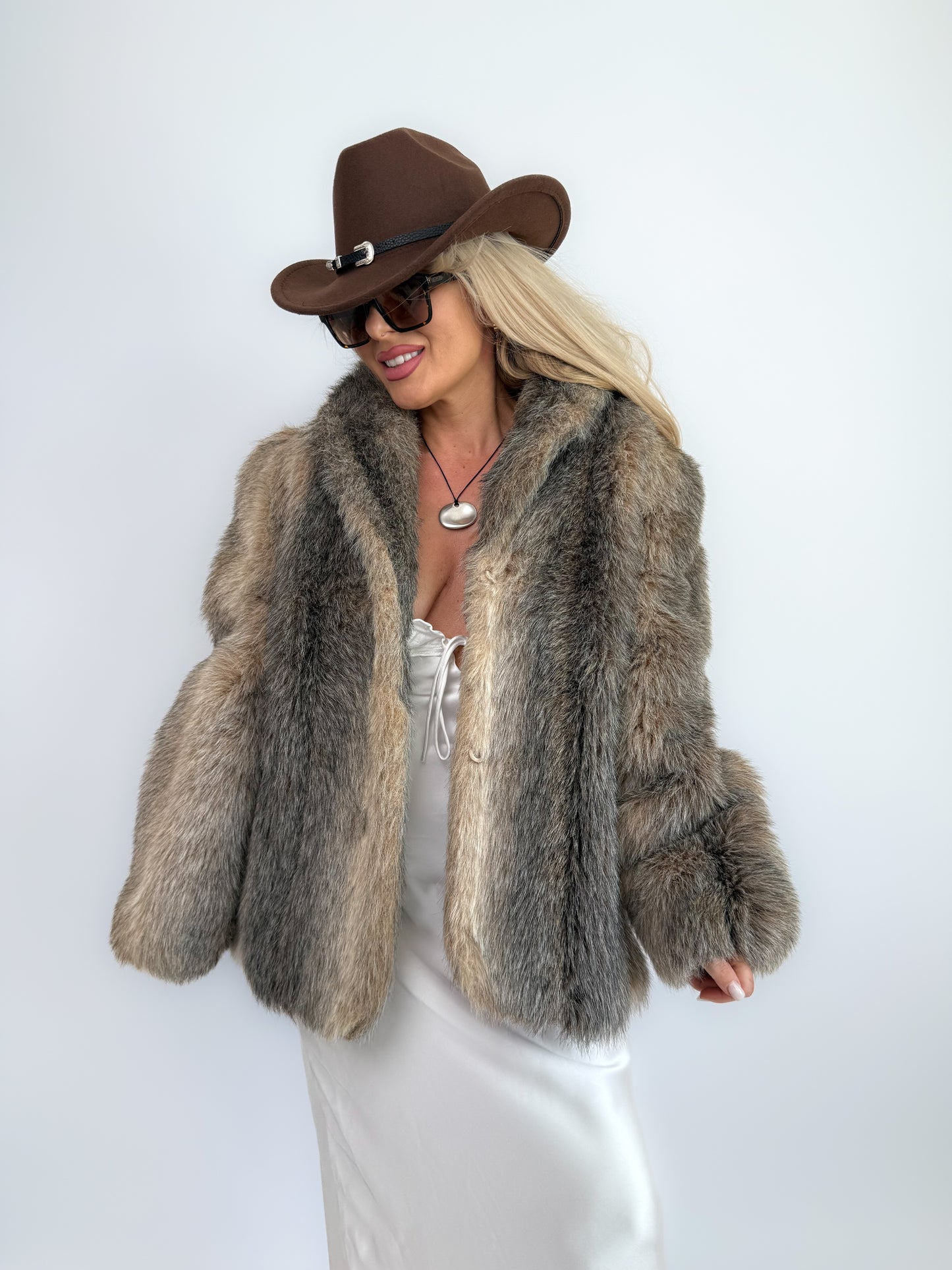 Vintage Taupe Faux Fur Coat Mob Wife Style Winter Jacket Size S