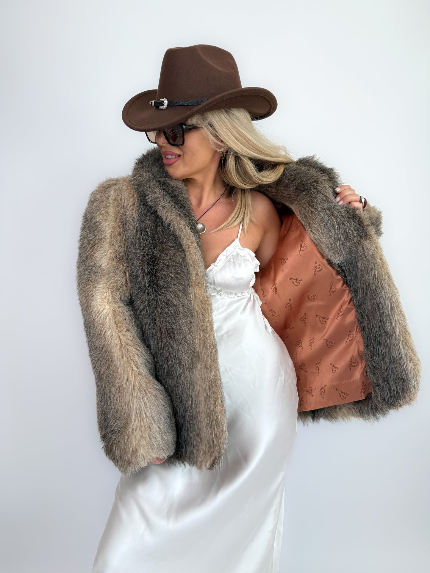 Vintage Taupe Faux Fur Coat Mob Wife Style Winter Jacket Size S