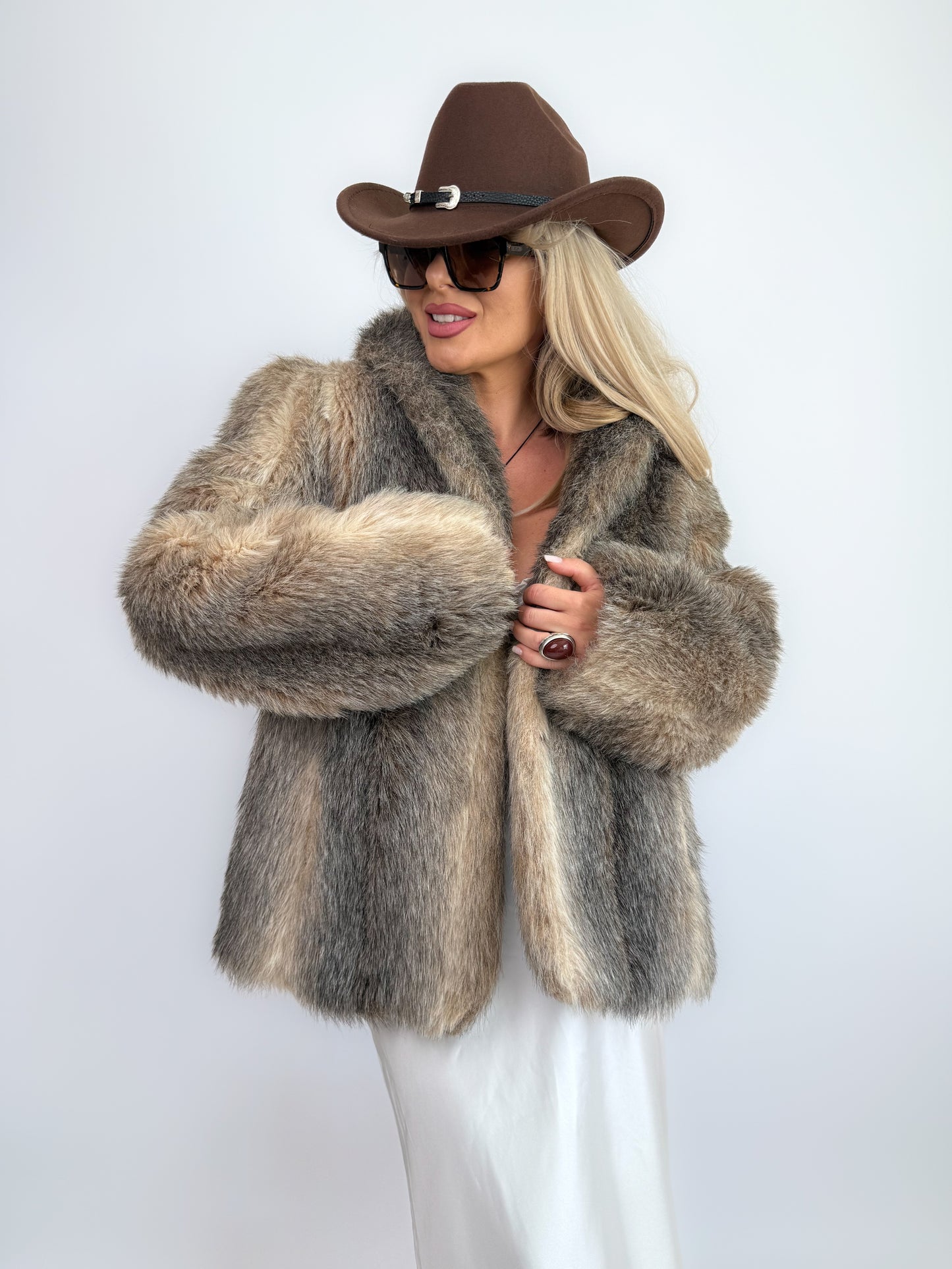 Vintage Taupe Faux Fur Coat Mob Wife Style Winter Jacket Size S