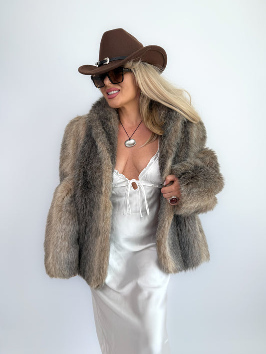 Vintage Taupe Faux Fur Coat Mob Wife Style Winter Jacket Size S