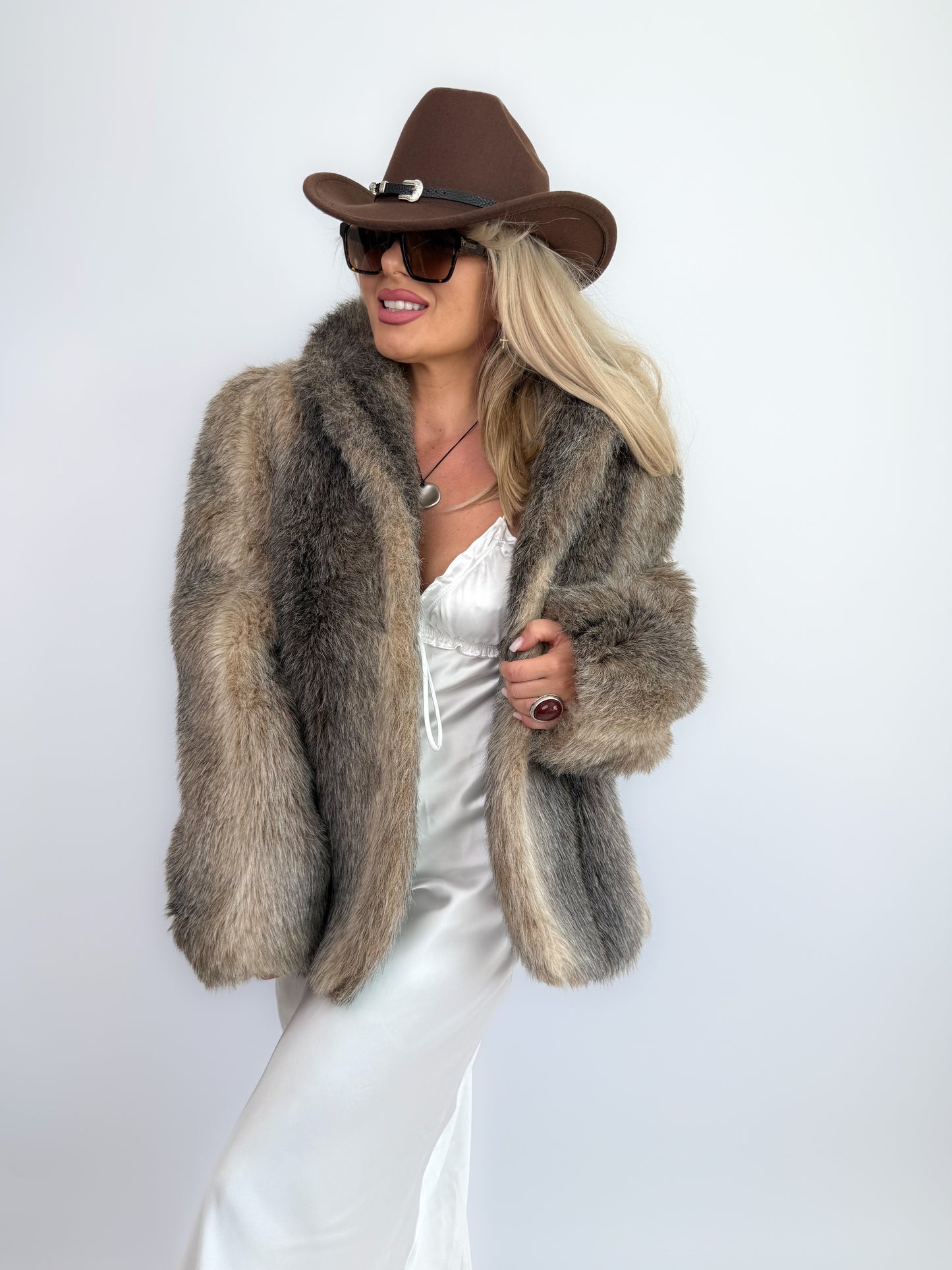 Vintage Taupe Faux Fur Coat Mob Wife Style Winter Jacket Size S