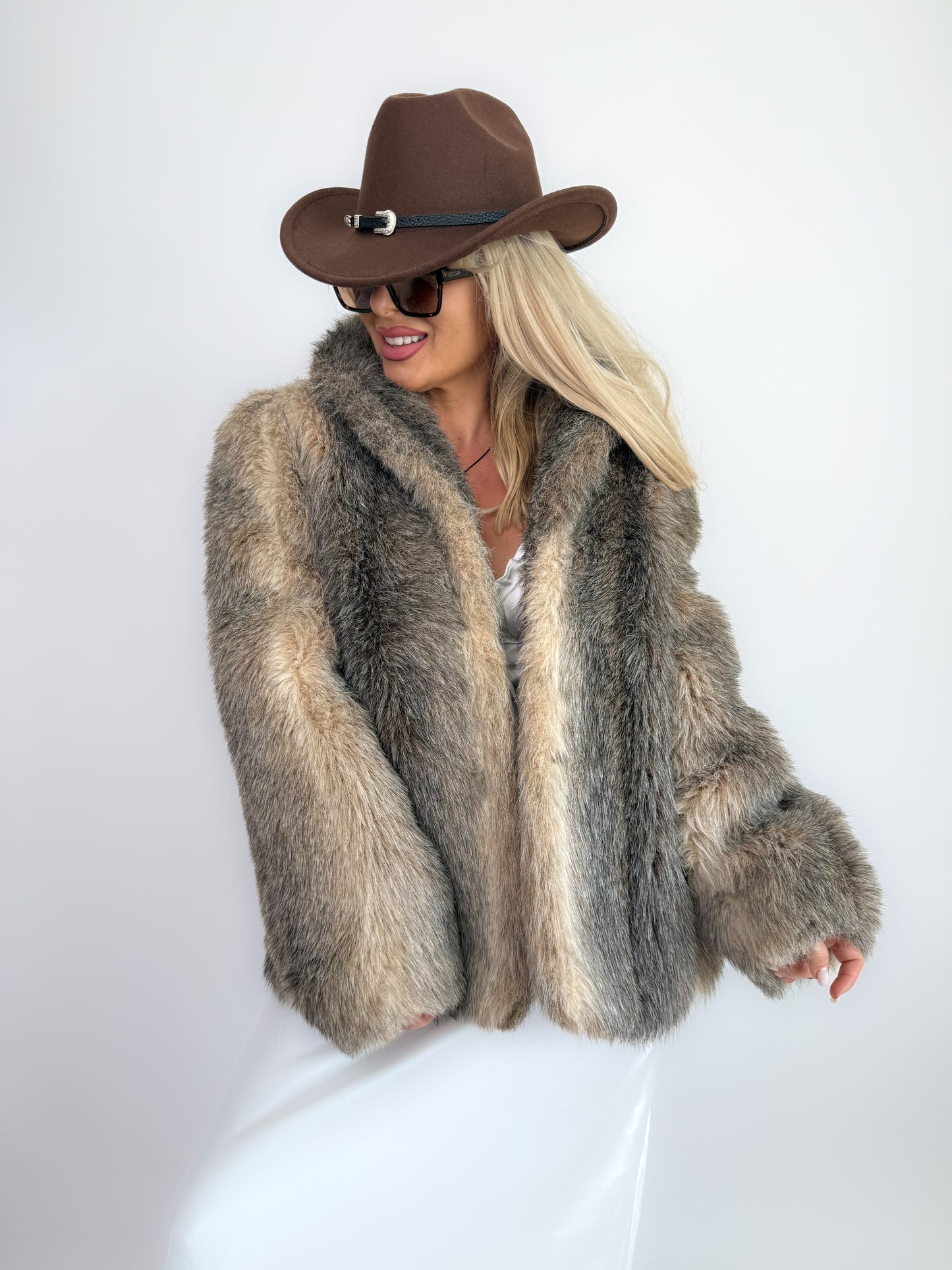 Vintage Taupe Faux Fur Coat Mob Wife Style Winter Jacket Size S