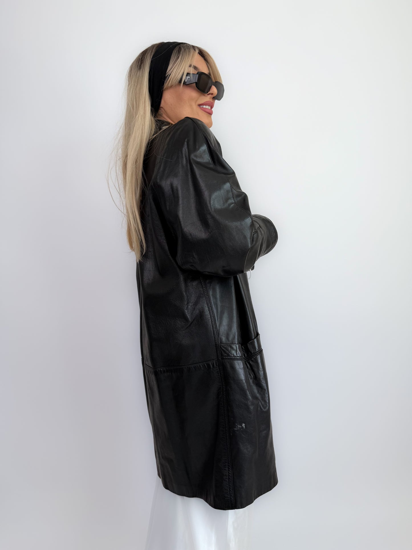 Vintage Black Leather Longline Jacket –  90s Open Front Coat S-M