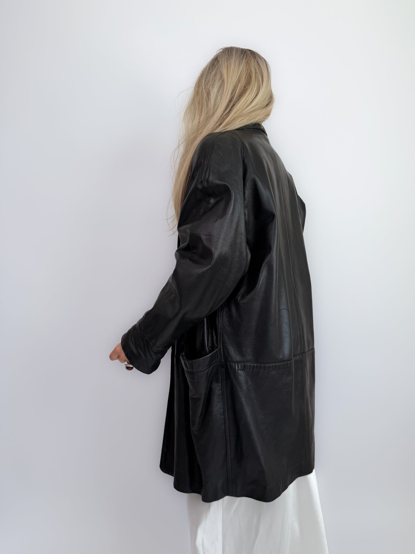 Vintage Black Leather Longline Jacket –  90s Open Front Coat S-M