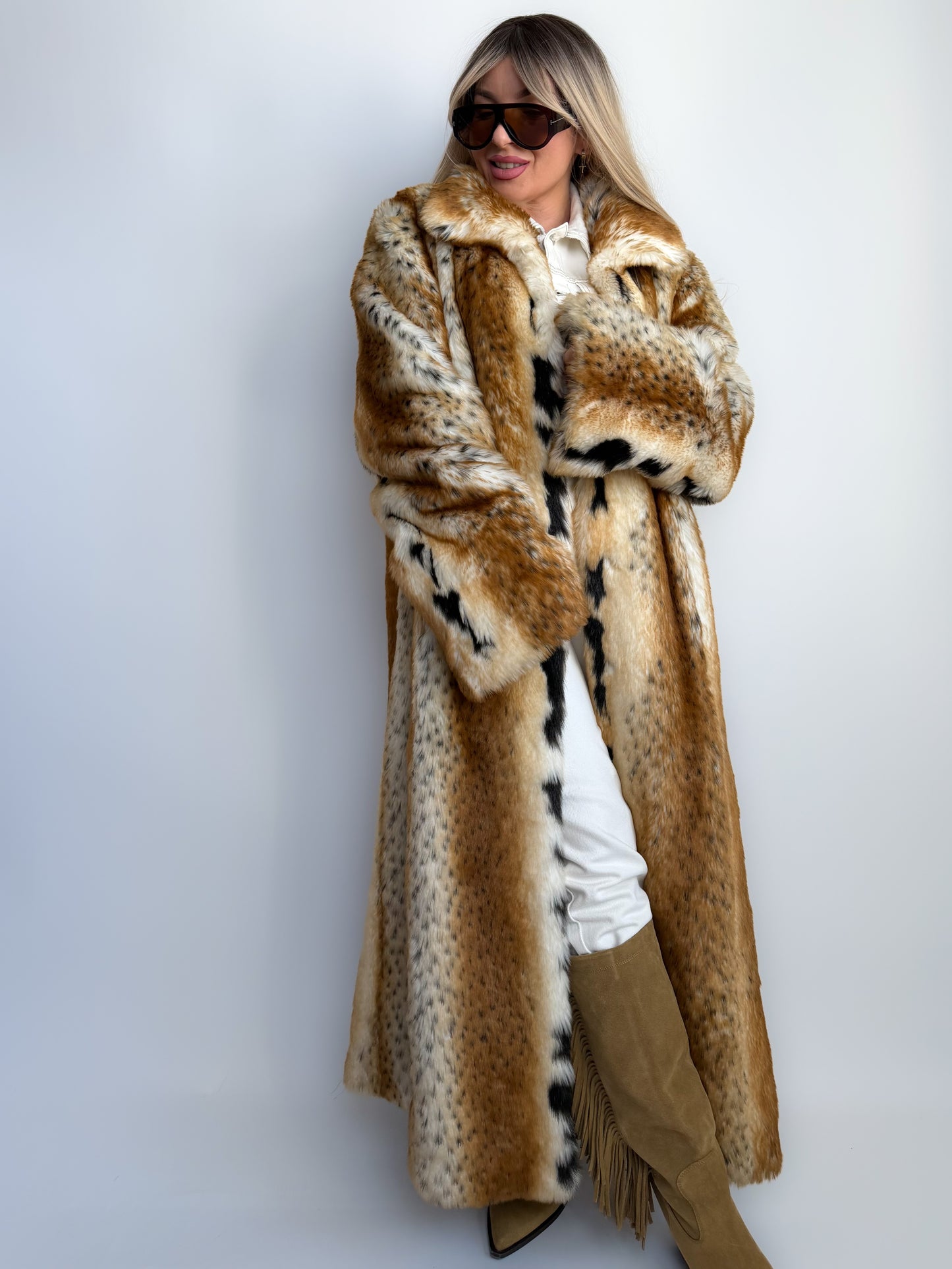 Vintage lonf faux fur statment animal print winter coat L