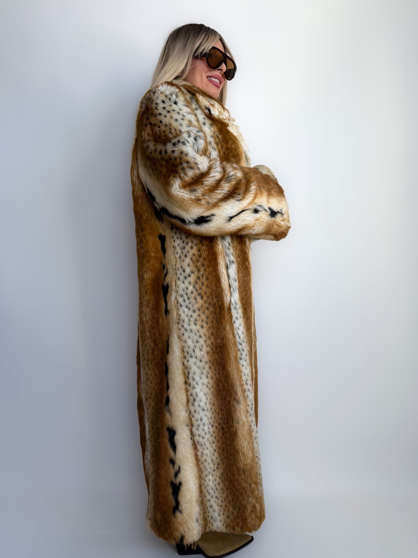 Vintage lonf faux fur statment animal print winter coat L