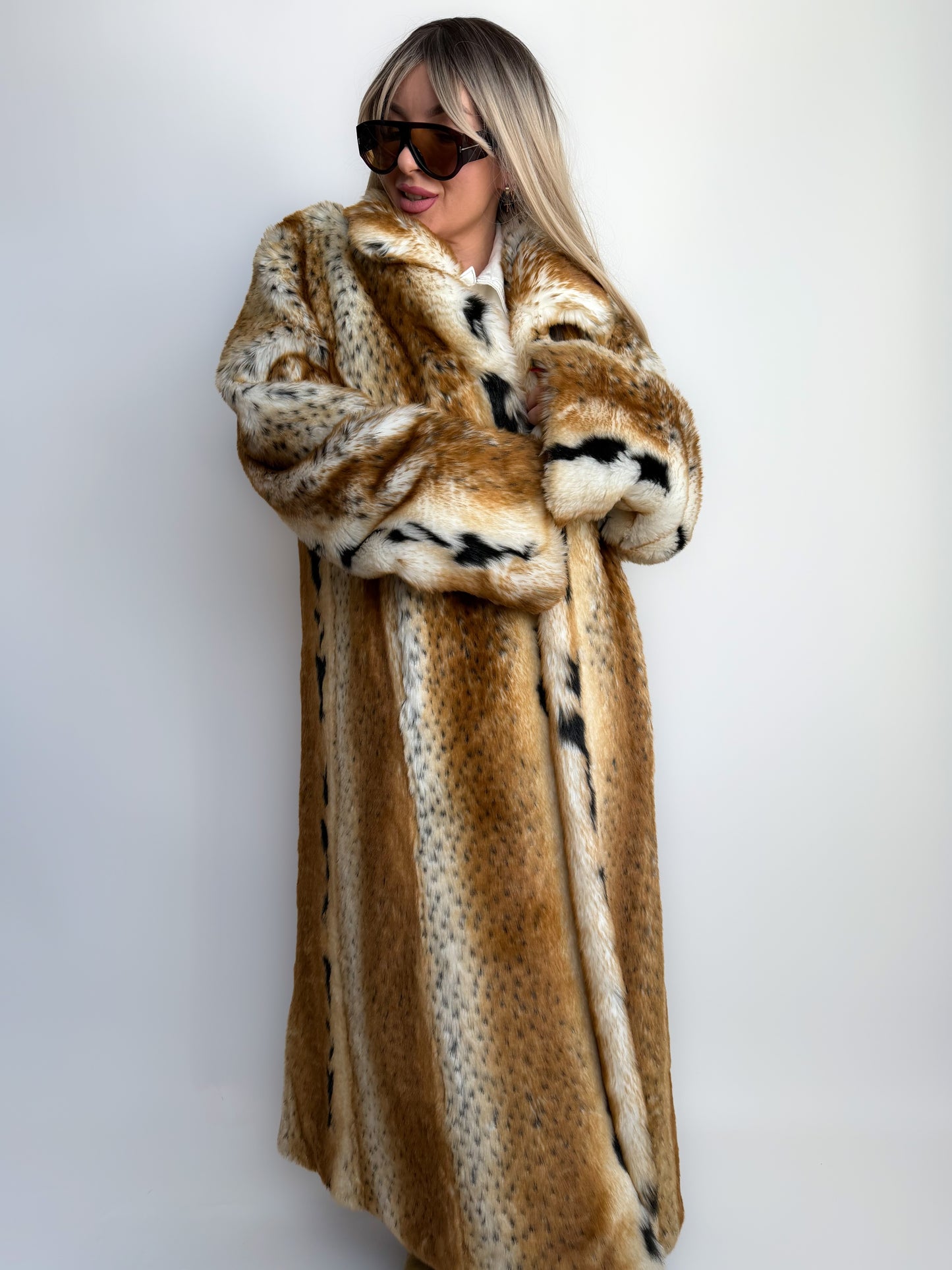 Vintage lonf faux fur statment animal print winter coat L