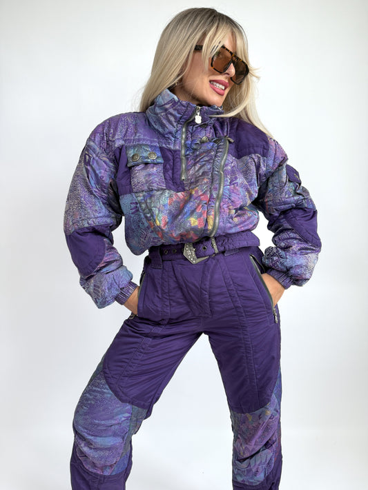 Vinatge 90s Purple Abstract Ski Suit – Belted Snowsuit Skking Snowboarding S-M