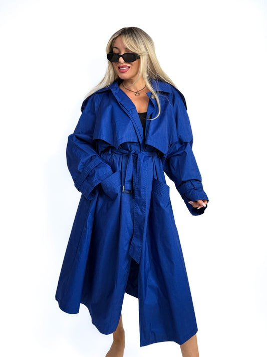 Vintage Cobalt Blue Oversized Wool Blend Trench Raincoat – 90s Plus Size Streetwear L-XL