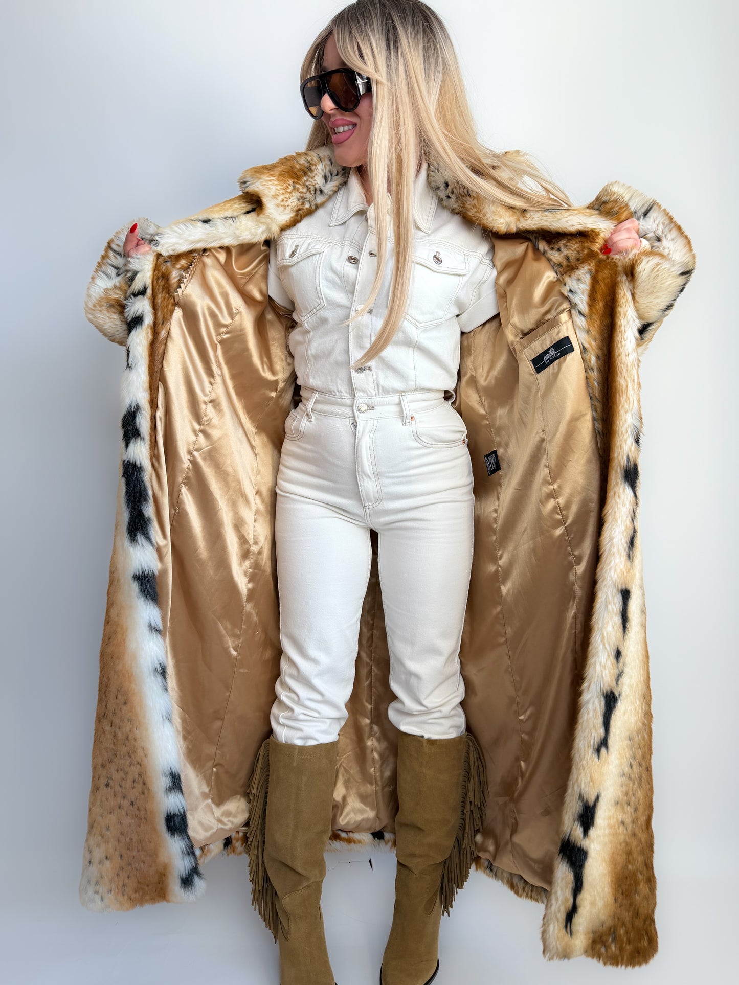 Vintage lonf faux fur statment animal print winter coat L