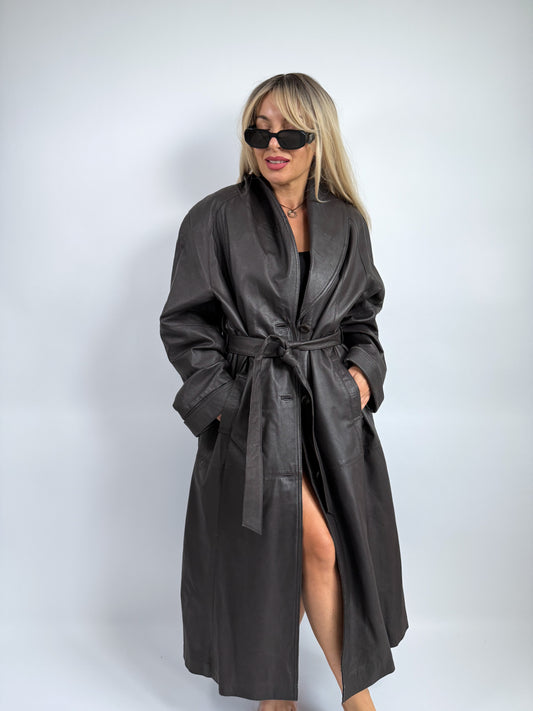 Vintage Natural Leather Trench Coat – Belted Full Length | Size L