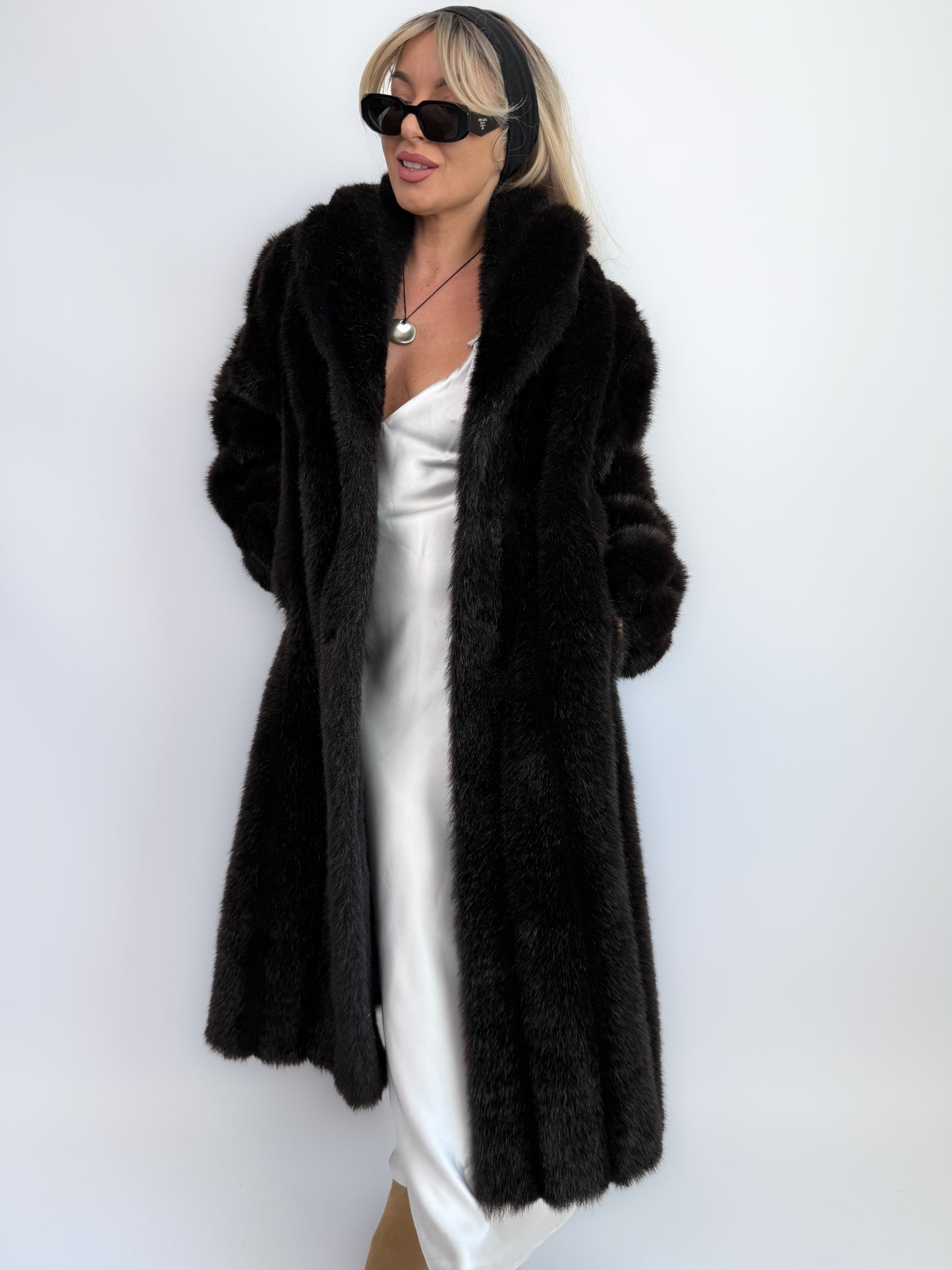 Vintage Black Brown Faux Fur Full Length Winter Coat  S-M