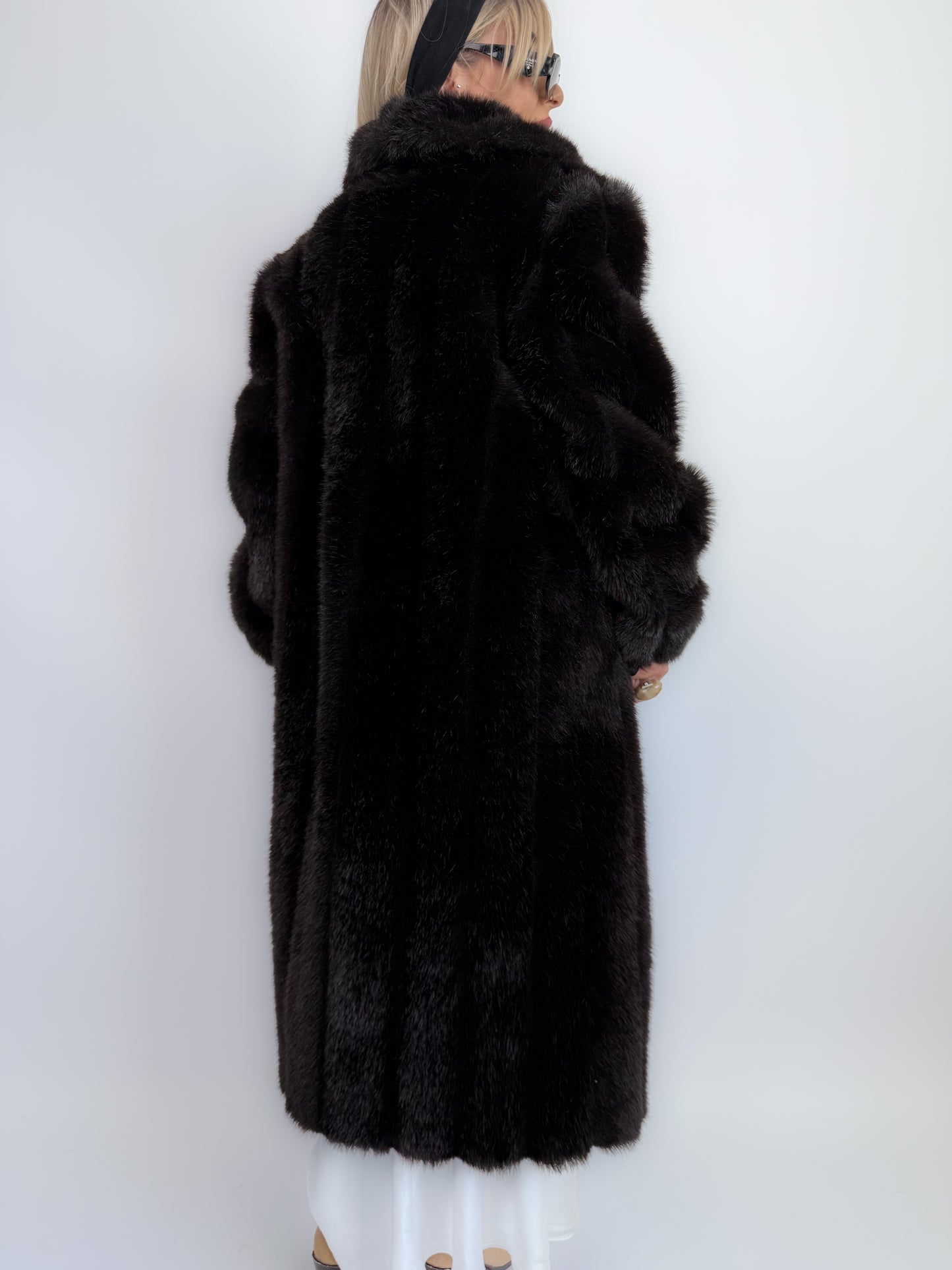 Vintage Black Brown Faux Fur Full Length Winter Coat  S-M