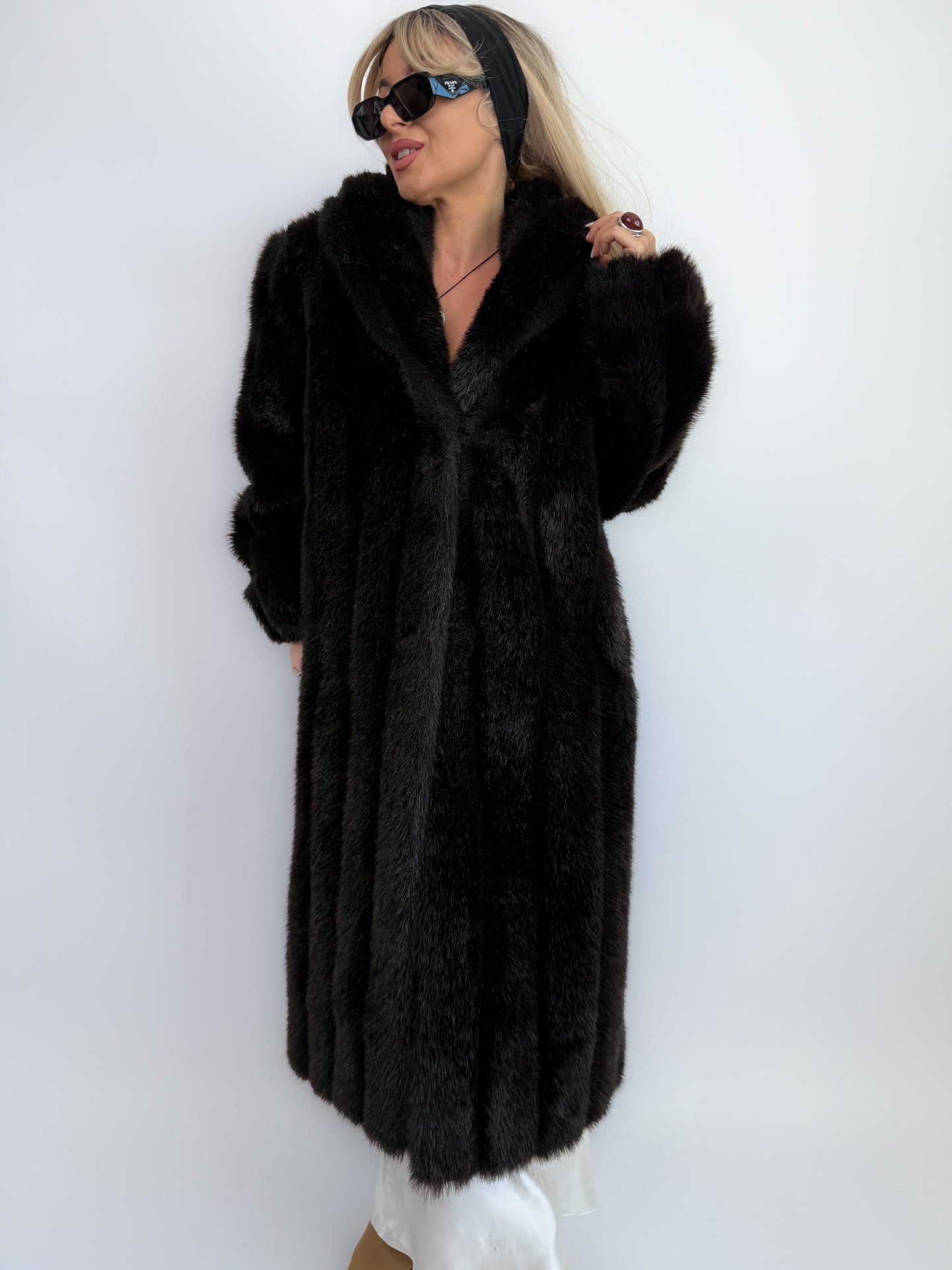 Vintage Black Brown Faux Fur Full Length Winter Coat  S-M