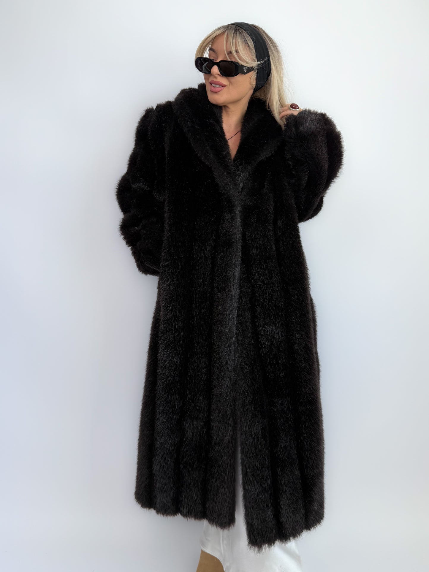 Vintage Black Brown Faux Fur Full Length Winter Coat  S-M
