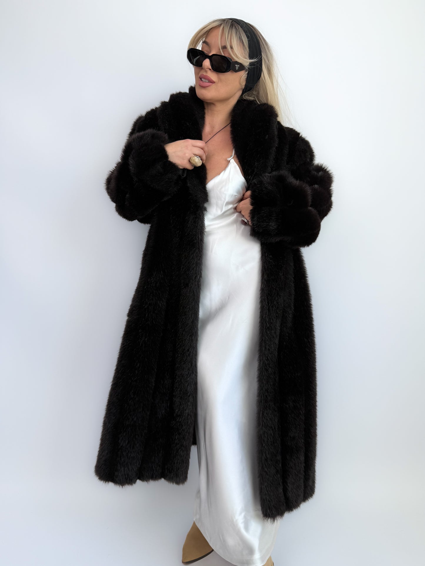Vintage Black Brown Faux Fur Full Length Winter Coat  S-M