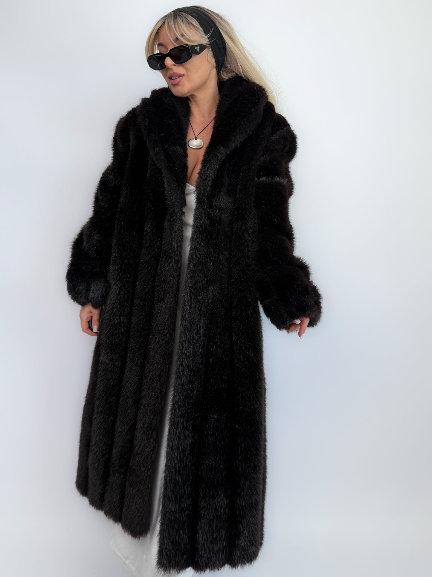 Vintage Black Brown Faux Fur Full Length Winter Coat  S-M
