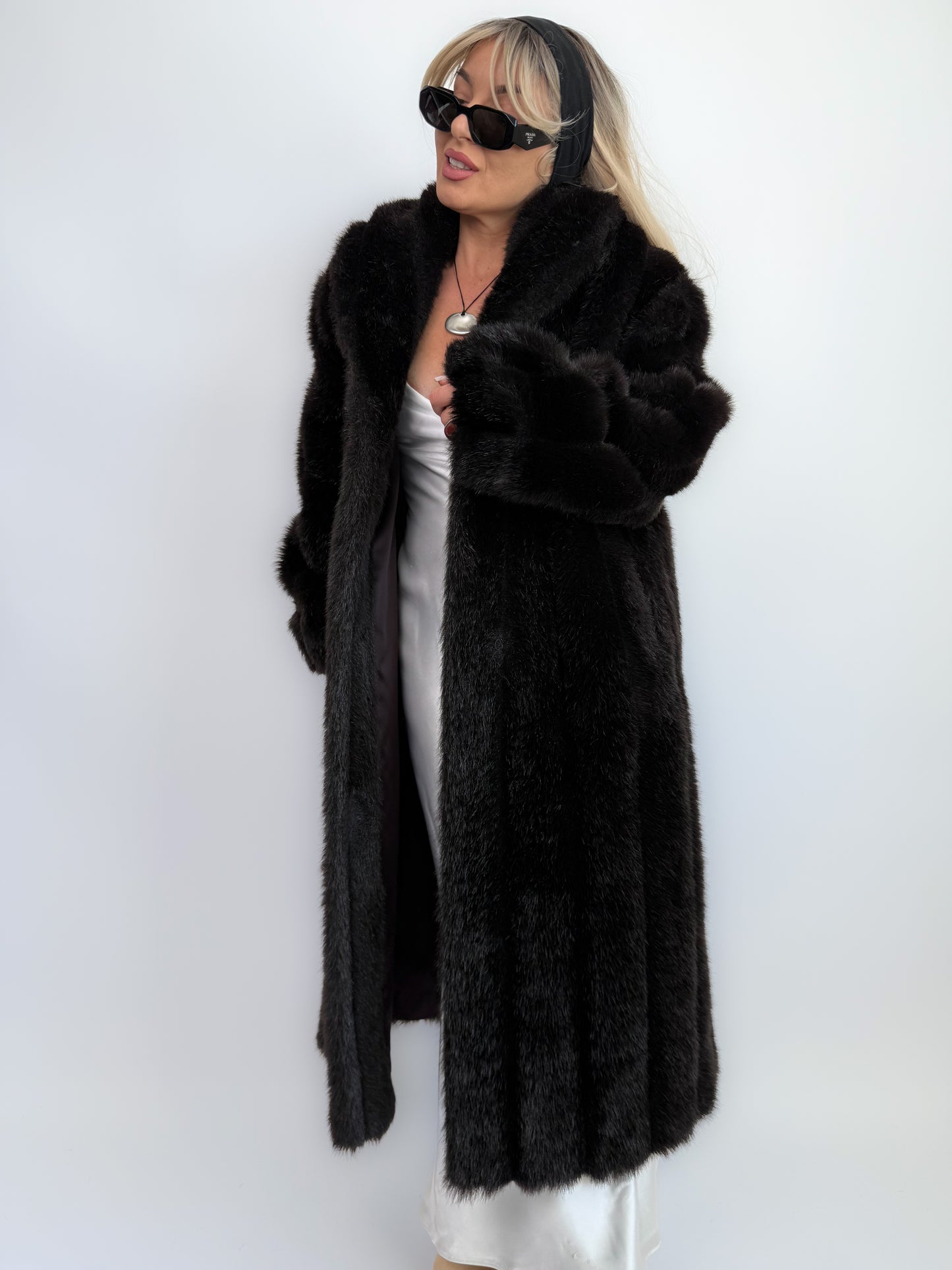 Vintage Black Brown Faux Fur Full Length Winter Coat  S-M