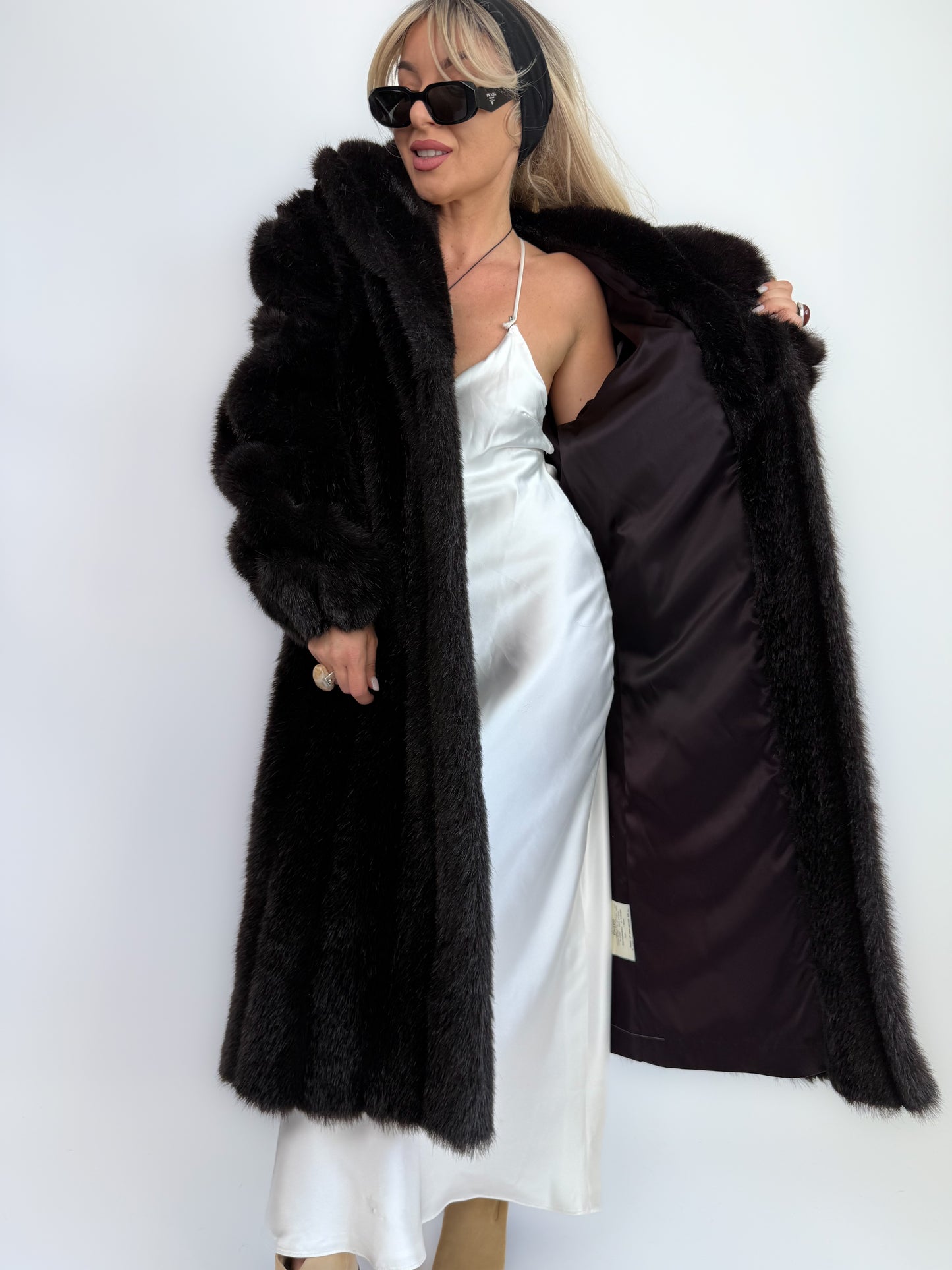 Vintage Black Brown Faux Fur Full Length Winter Coat  S-M