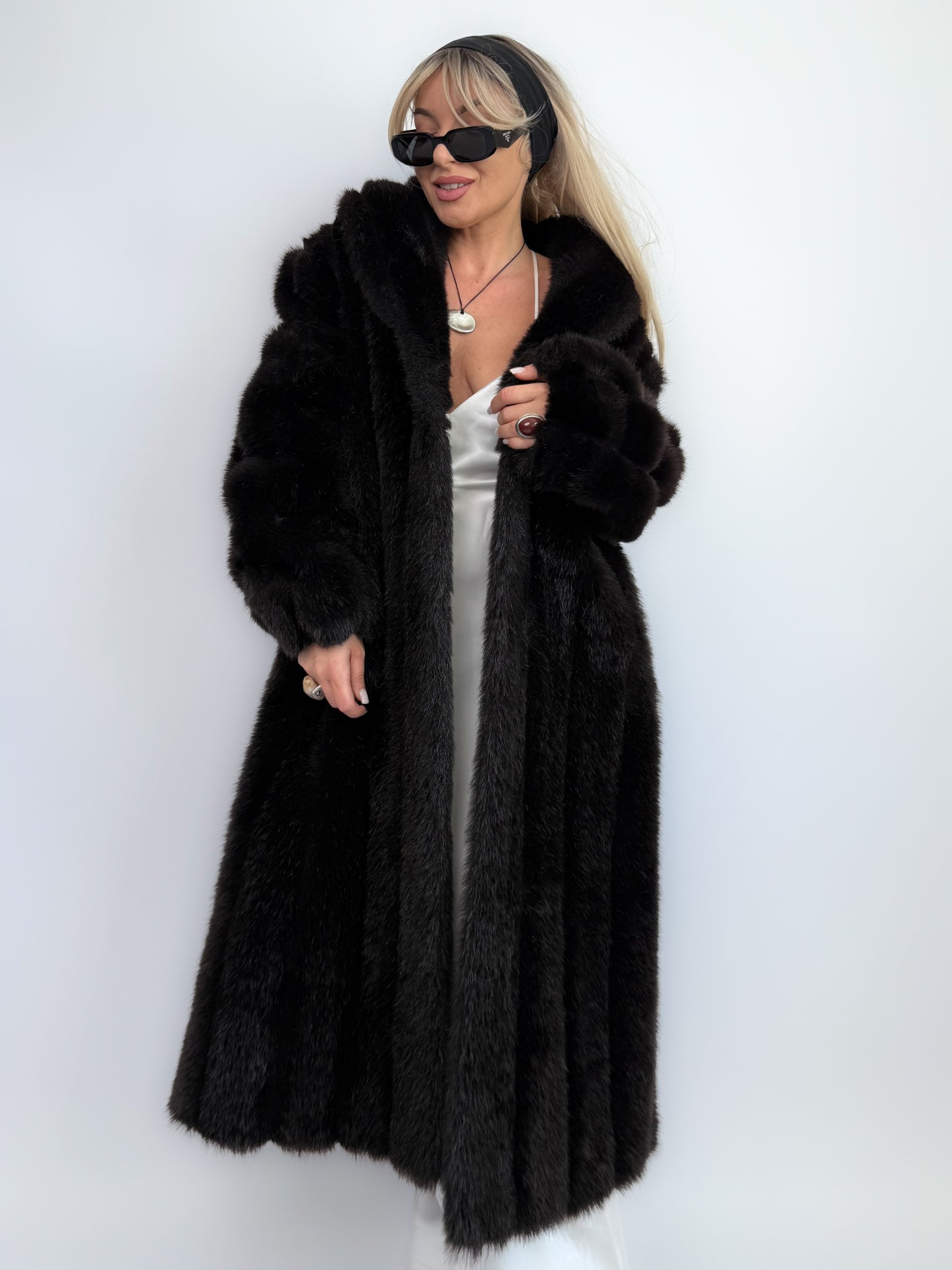 Vintage Black Brown Faux Fur Full Length Winter Coat  S-M
