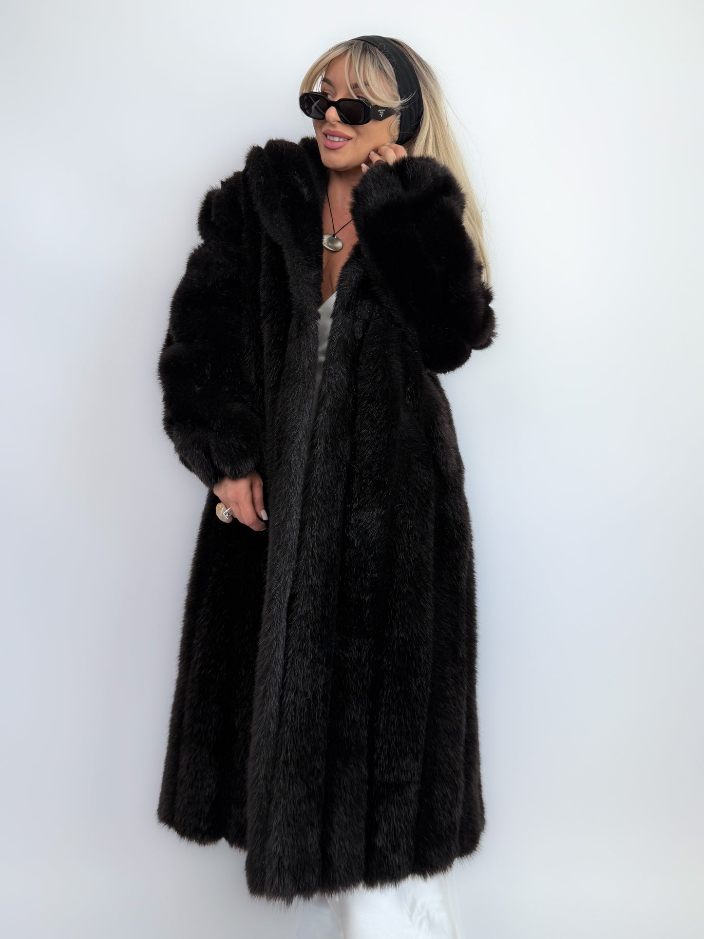Vintage Black Brown Faux Fur Full Length Winter Coat  S-M