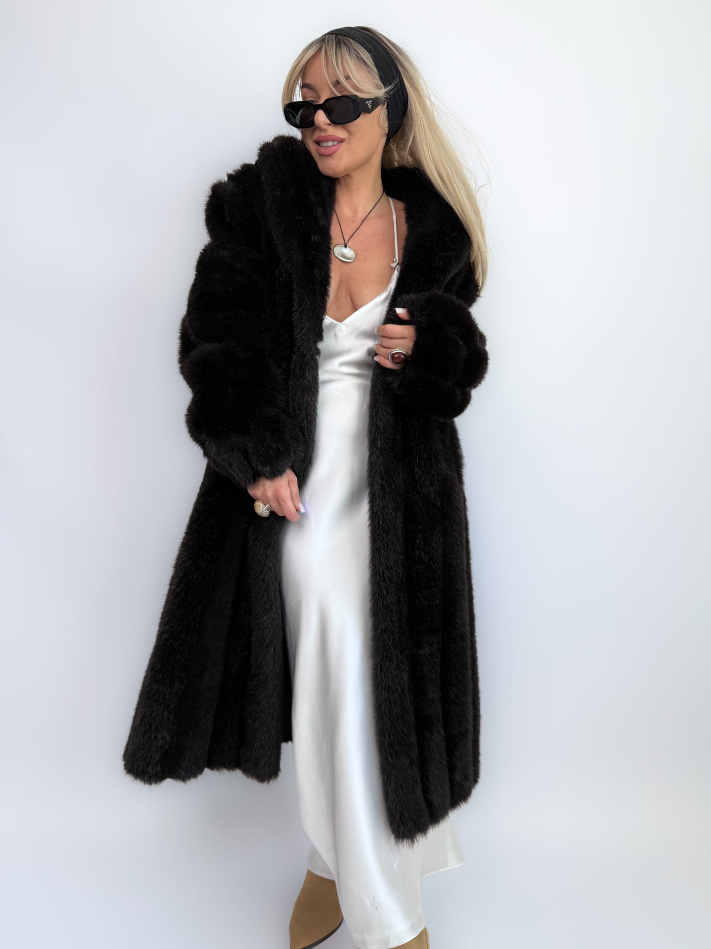 Vintage Black Brown Faux Fur Full Length Winter Coat  S-M