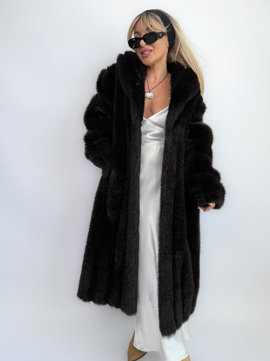 Vintage Black Brown Faux Fur Full Length Winter Coat  S-M
