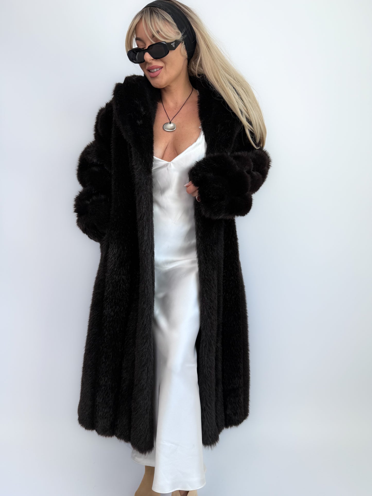 Vintage Black Brown Faux Fur Full Length Winter Coat  S-M