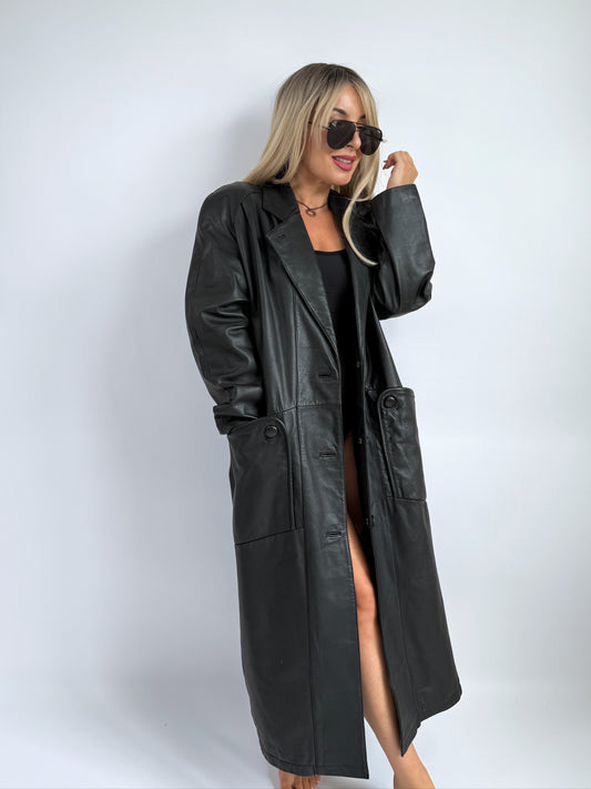 Vintage Black Leather Trench Coat – Longline Minimalist Glam | Size M