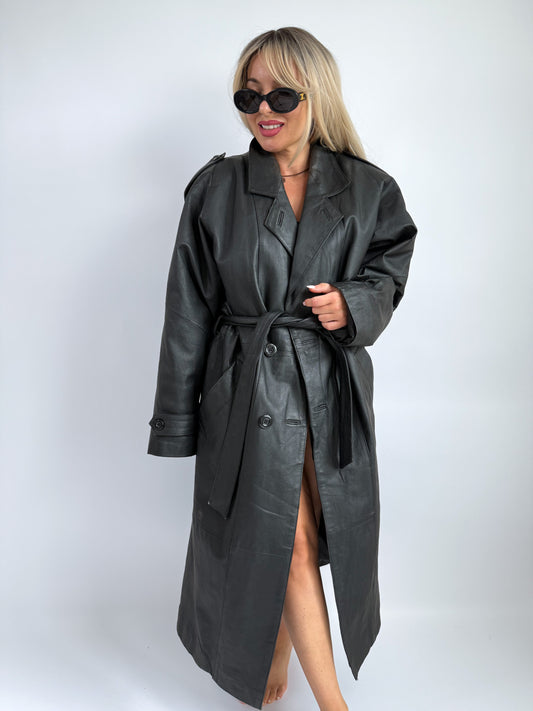 Vintage Black Leather Trench Coat with Faux Fur Lining – Belted Longline Mob Wife Style (L)