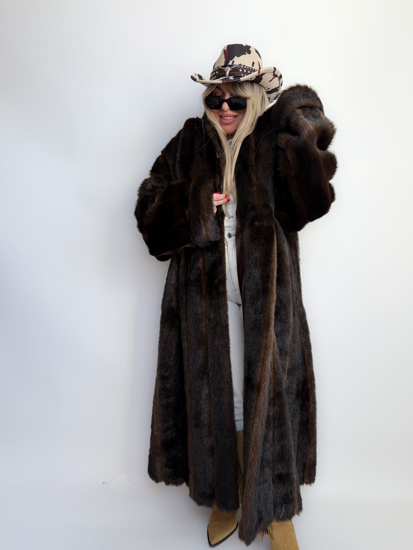 Vintage Long Chocolate Brown Faux Fur Coat with Hood XL-3X