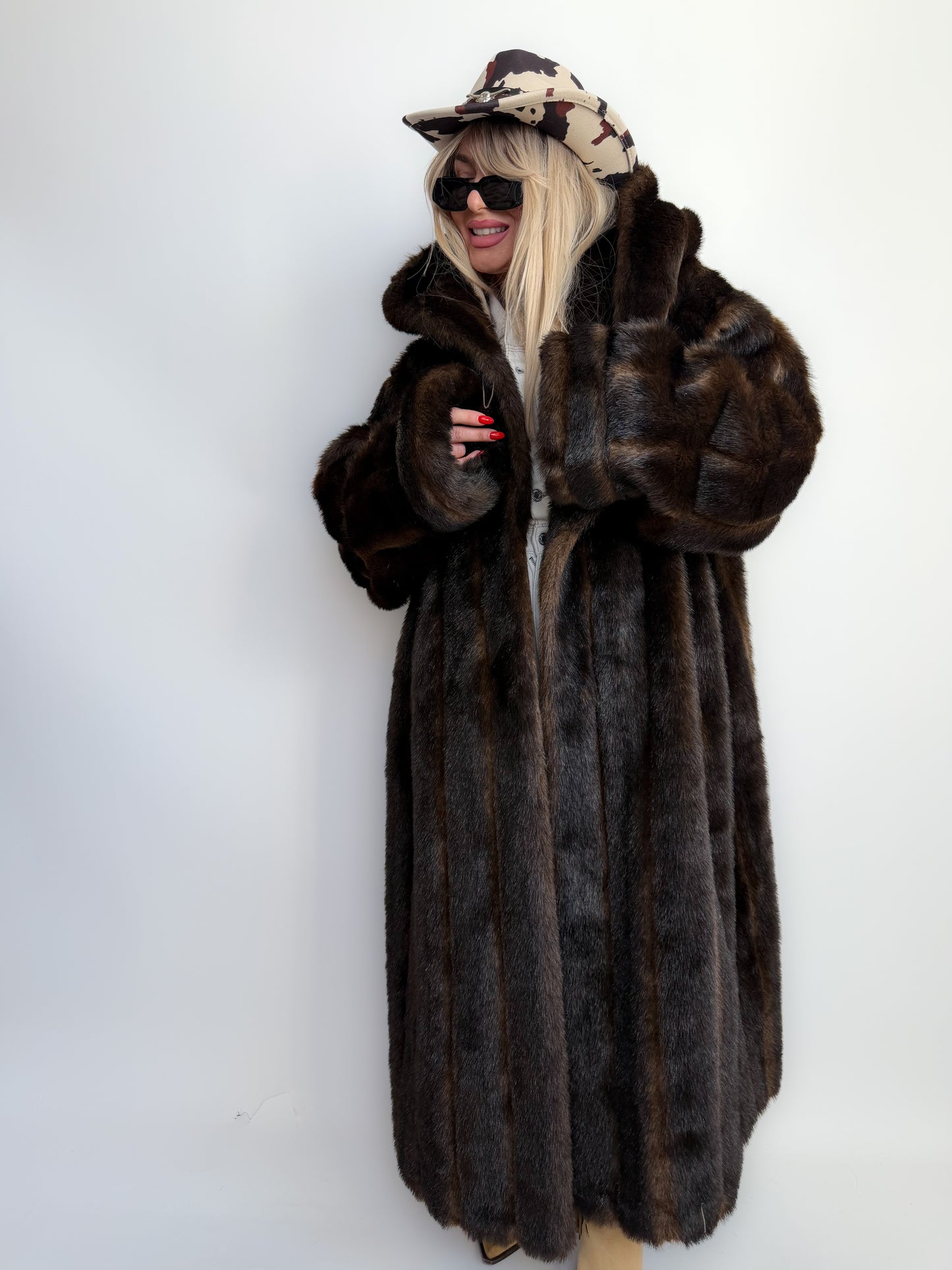 Vintage Long Chocolate Brown Faux Fur Coat with Hood XL-3X