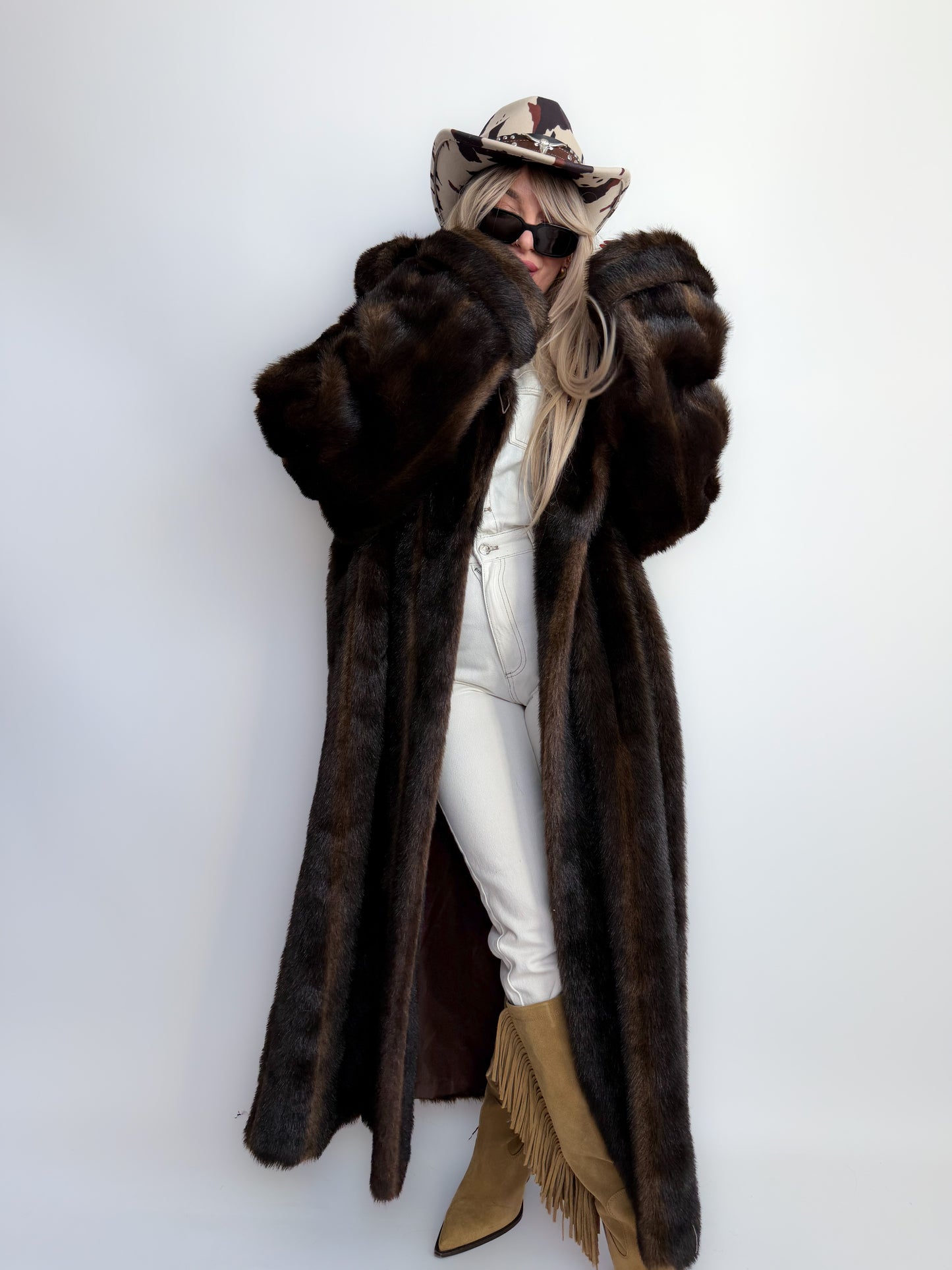 Vintage Long Chocolate Brown Faux Fur Coat with Hood XL-3X