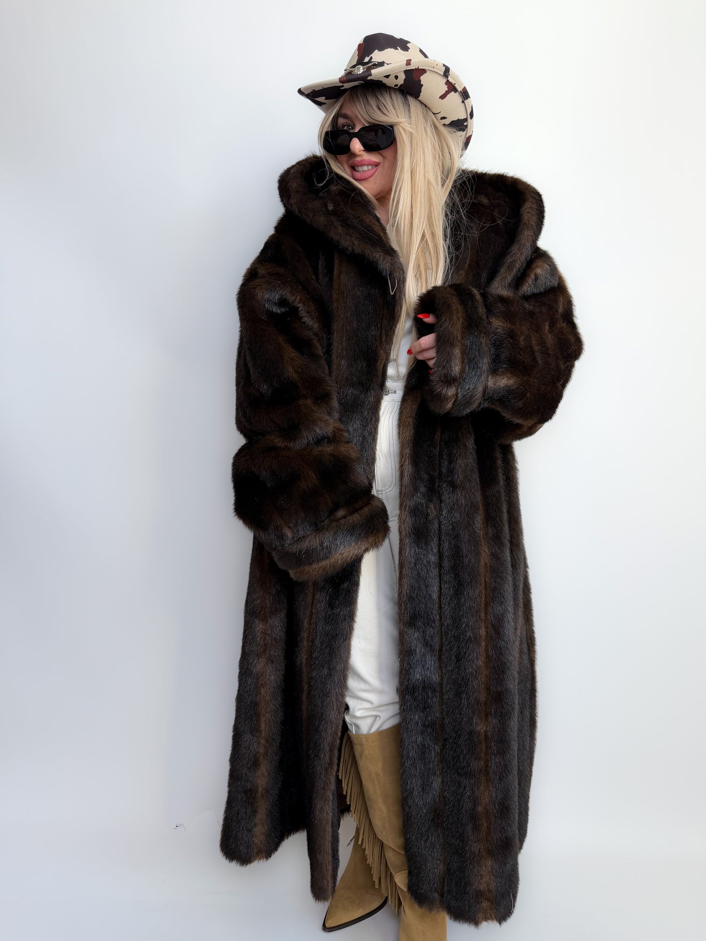 Vintage Long Chocolate Brown Faux Fur Coat with Hood XL-3X