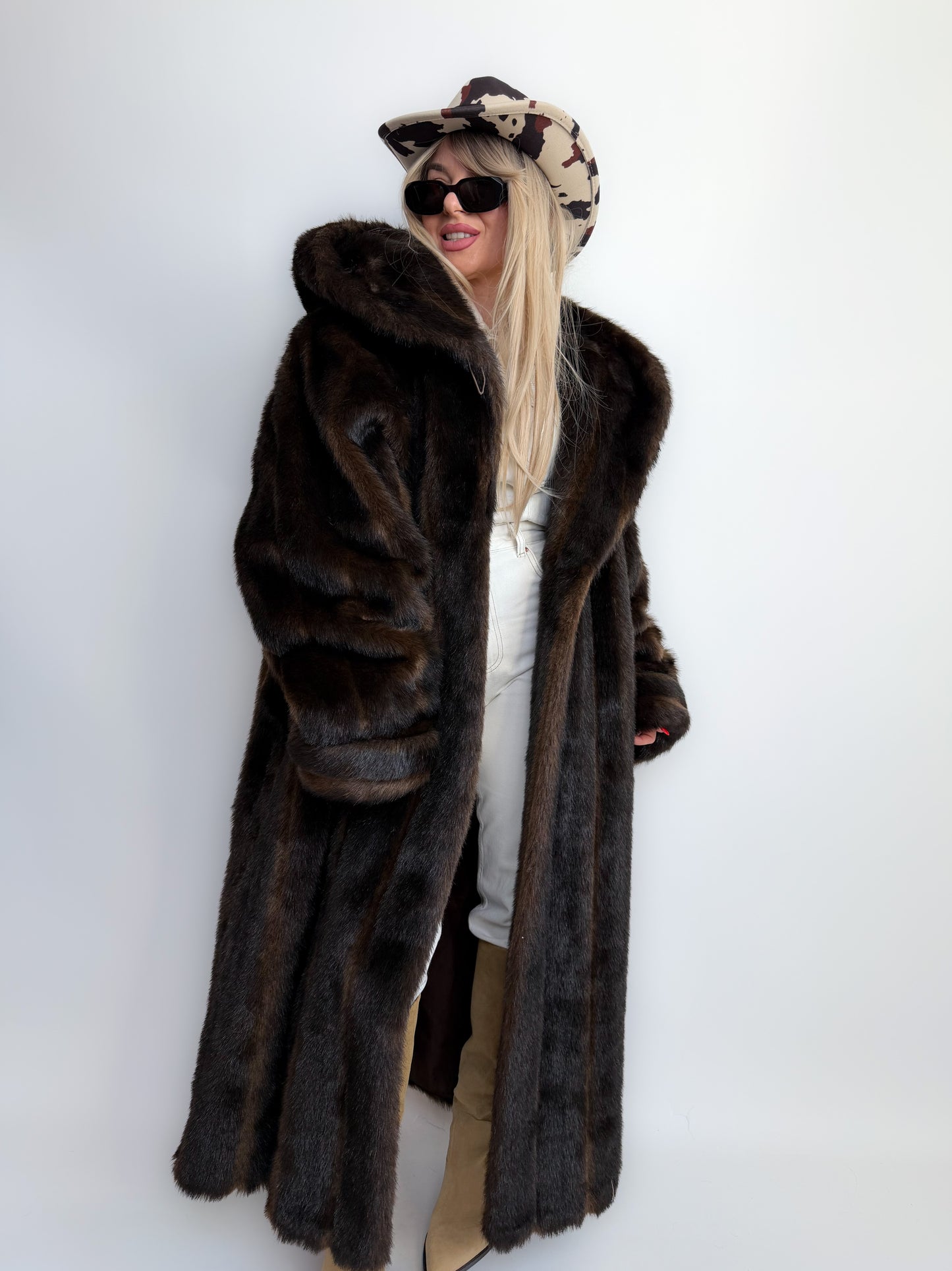 Vintage Long Chocolate Brown Faux Fur Coat with Hood XL-3X