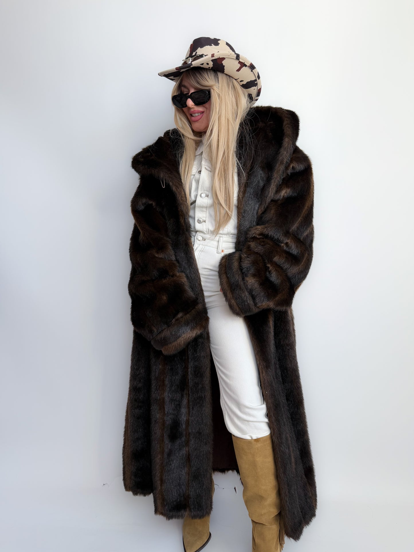 Vintage Long Chocolate Brown Faux Fur Coat with Hood XL-3X