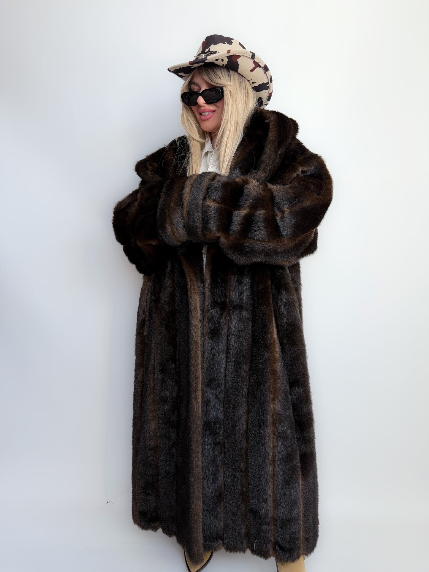 Vintage Long Chocolate Brown Faux Fur Coat with Hood XL-3X