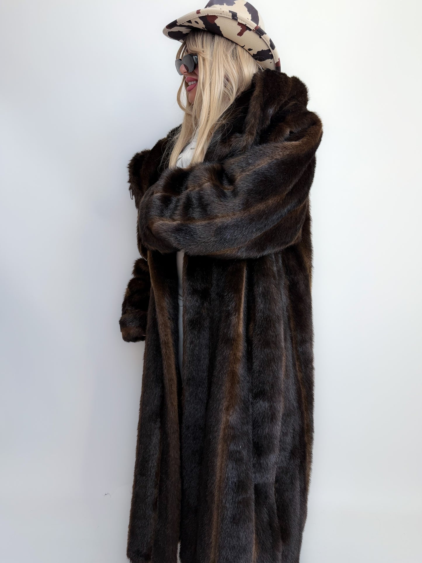 Vintage Long Chocolate Brown Faux Fur Coat with Hood XL-3X