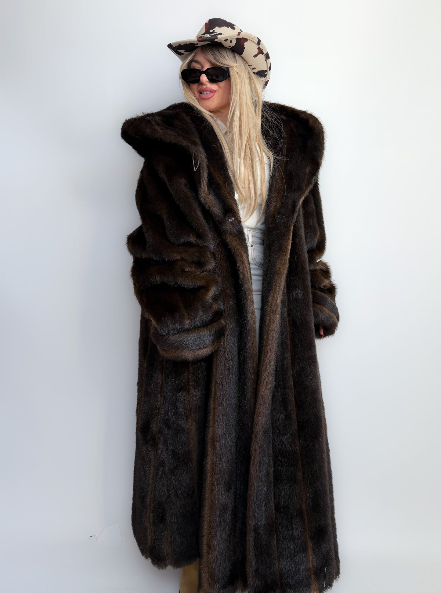 Vintage Long Chocolate Brown Faux Fur Coat with Hood XL-3X