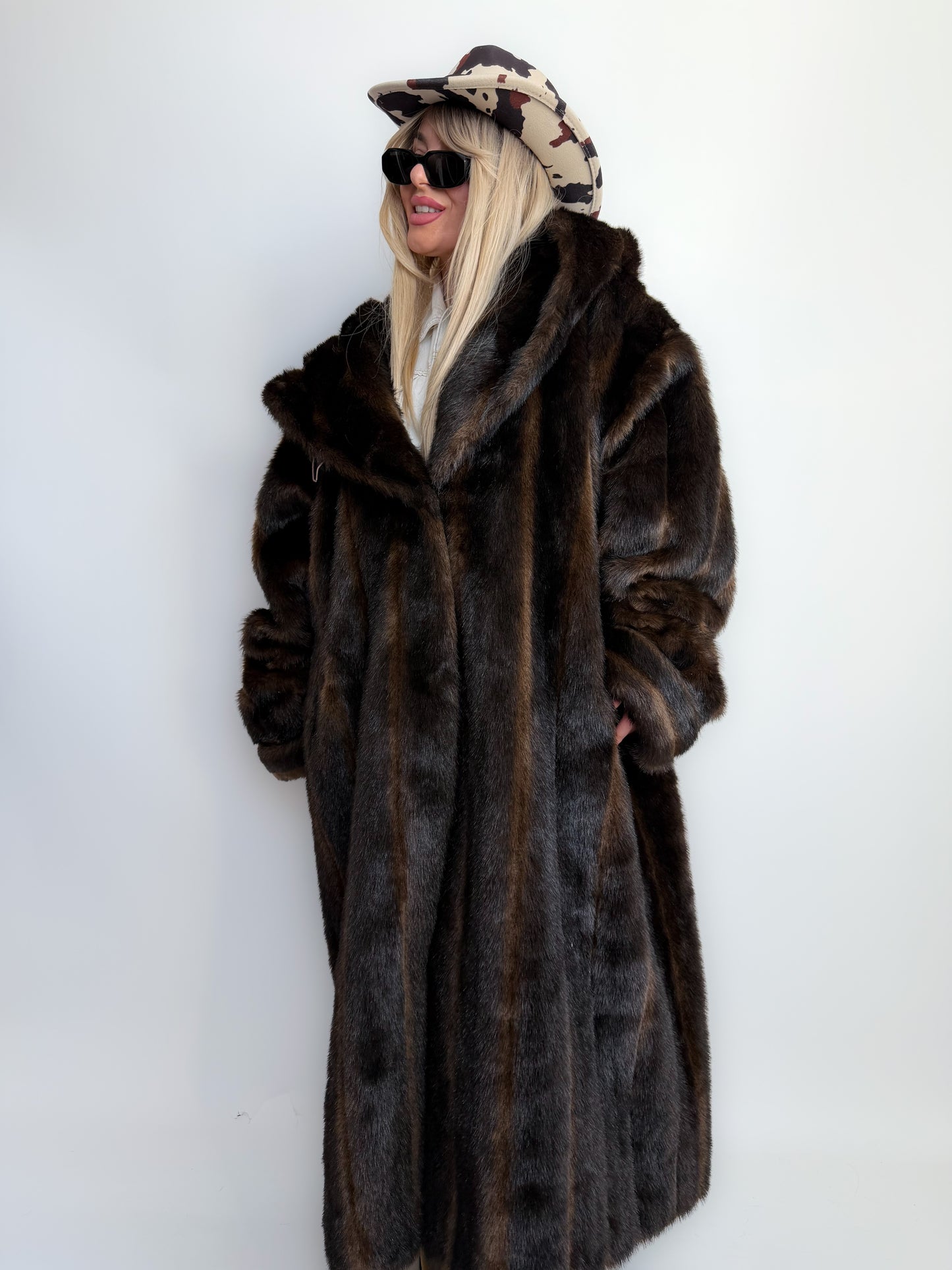 Vintage Long Chocolate Brown Faux Fur Coat with Hood XL-3X